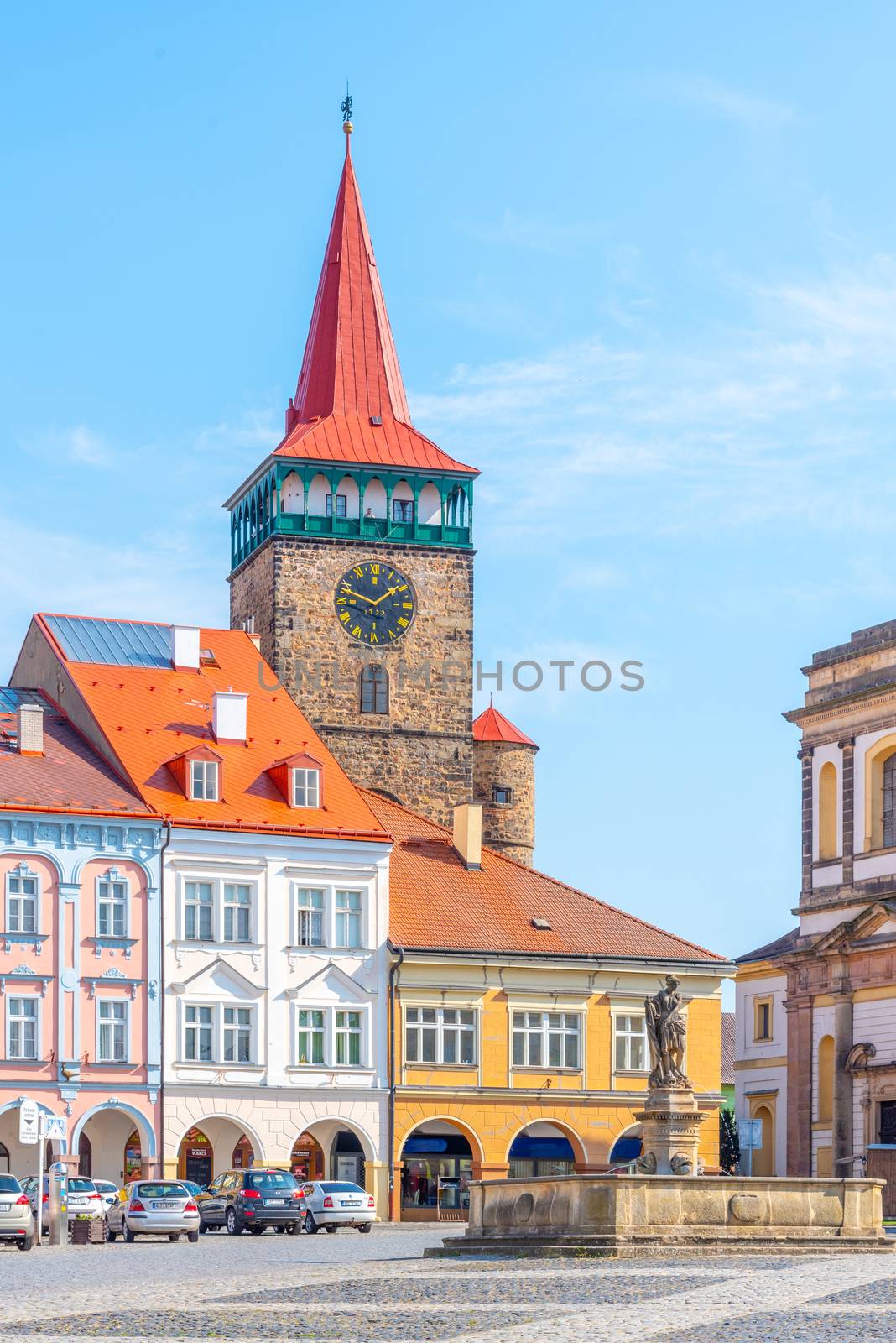 Colorful renaissance houses and Valdice Gate at Wallenstein Square in Jicin, Czech Republic by pyty