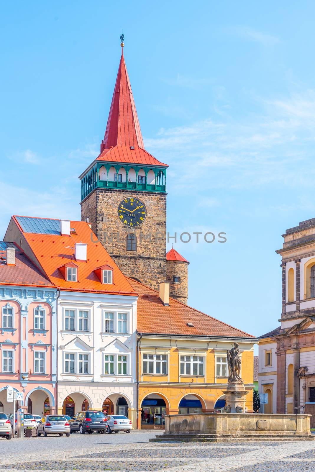 Colorful renaissance houses and Valdice Gate at Wallenstein Square in Jicin, Czech Republic.