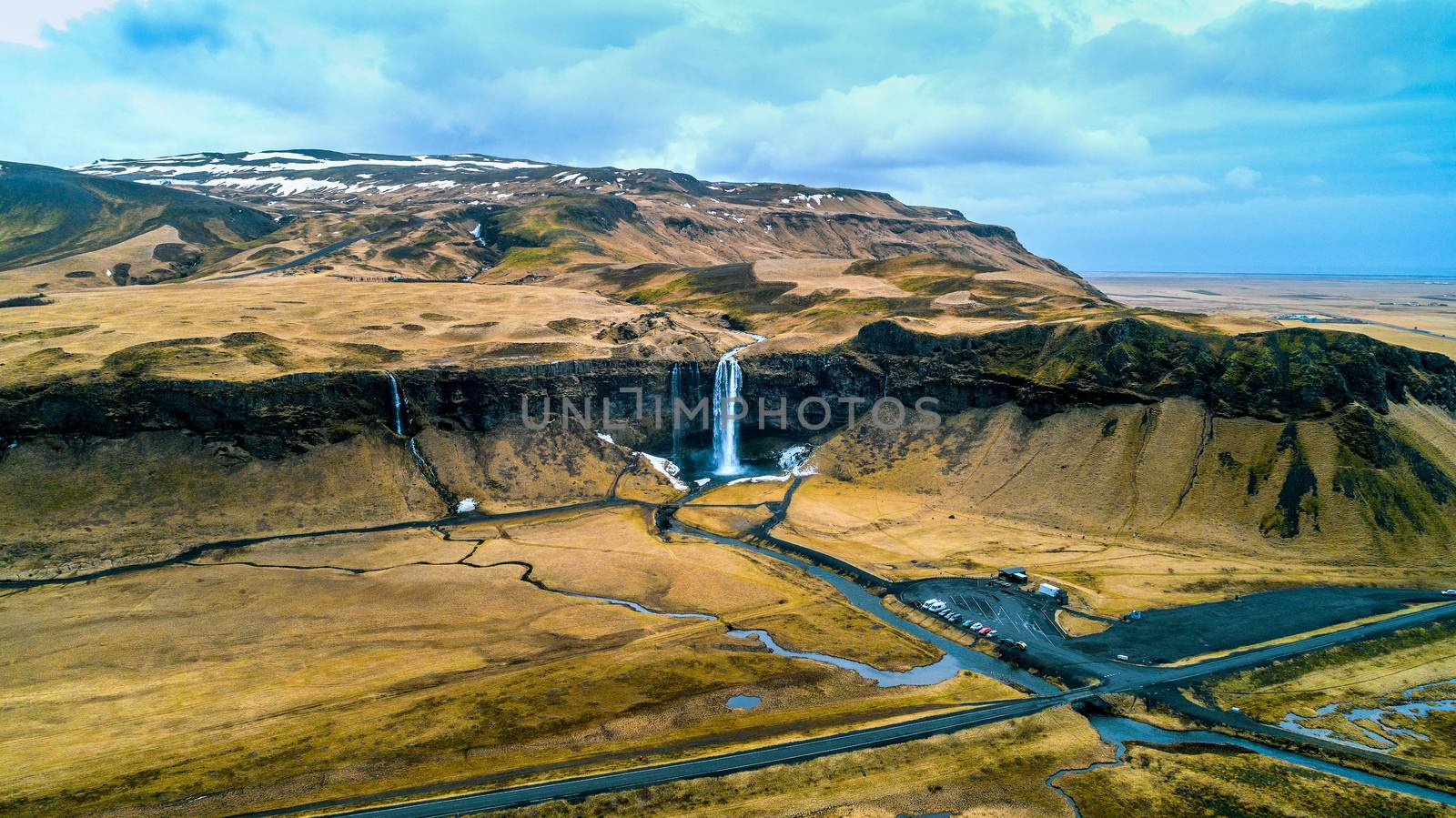 Aerial view of Seljalandsfoss waterfall, Beautiful waterfall in Iceland.