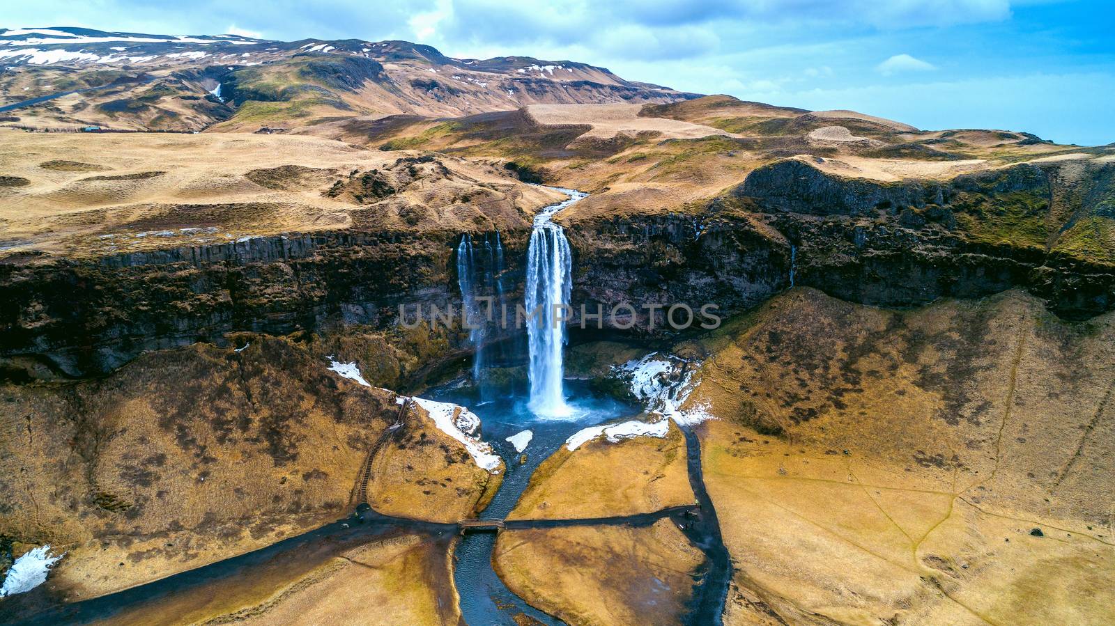 Aerial view of Seljalandsfoss waterfall, Beautiful waterfall in Iceland.
