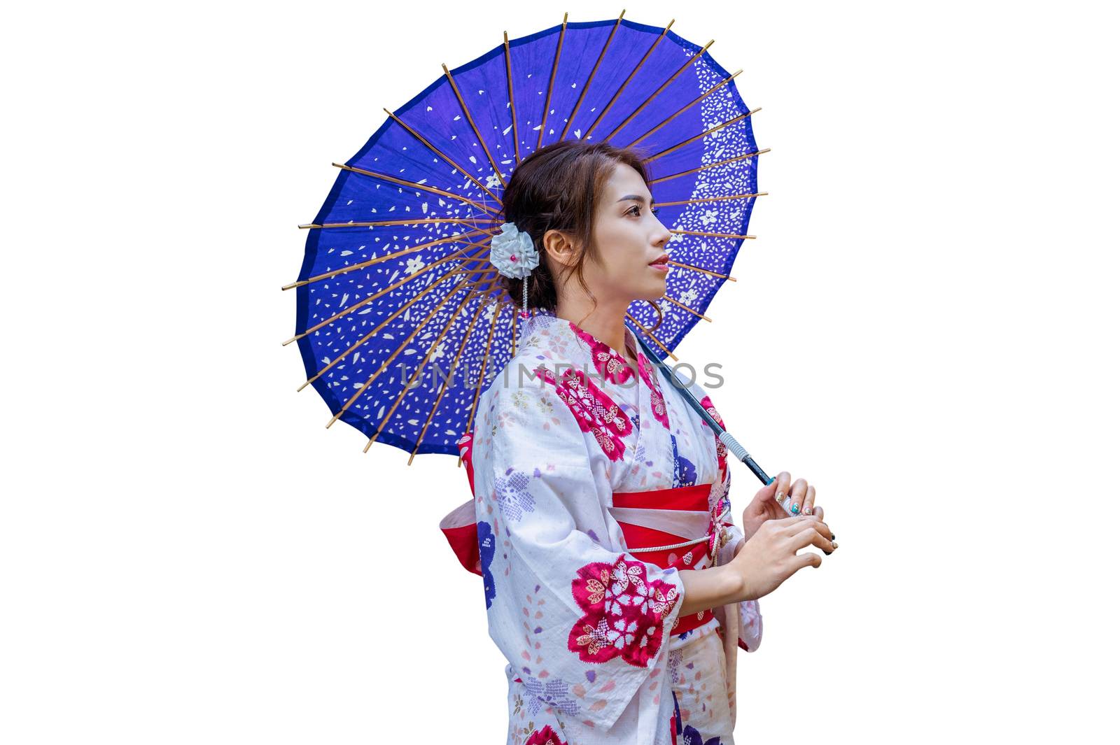 Asian woman wearing japanese traditional kimono with umbrella on white background. by gutarphotoghaphy