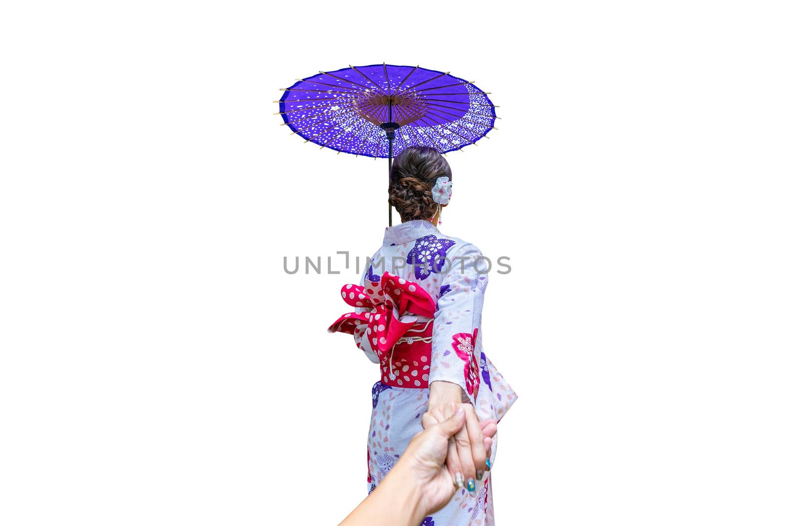 Asian woman wearing japanese traditional kimono with umbrella on white background. by gutarphotoghaphy