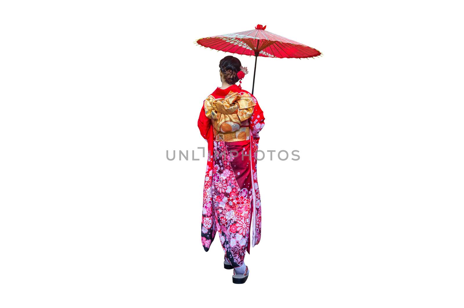Asian woman wearing japanese traditional kimono with umbrella on white background.