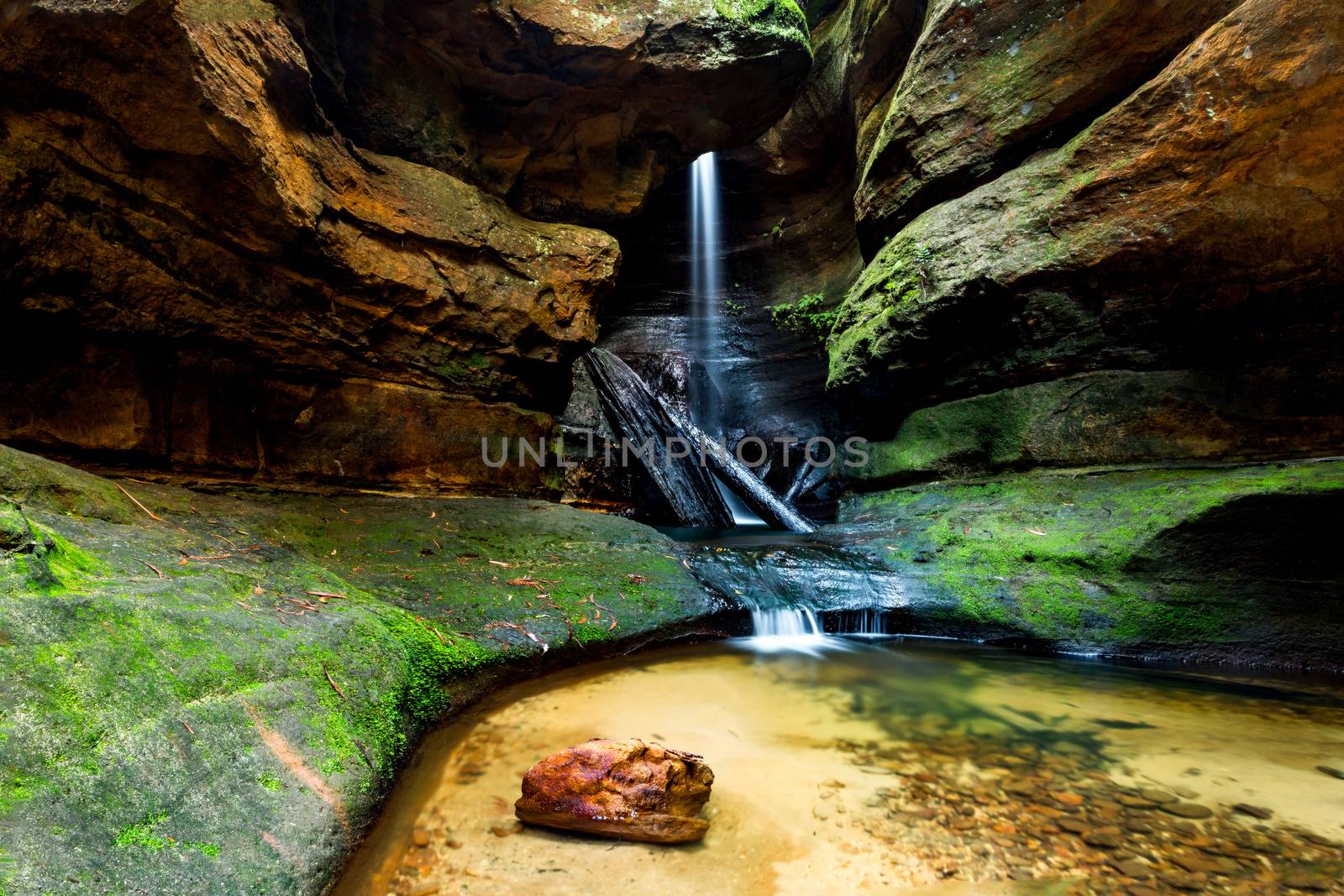 Waterfall in Centennial Glen Canyon in Blackheath Australia.  Beautiful rock shapes eroded by the water over time