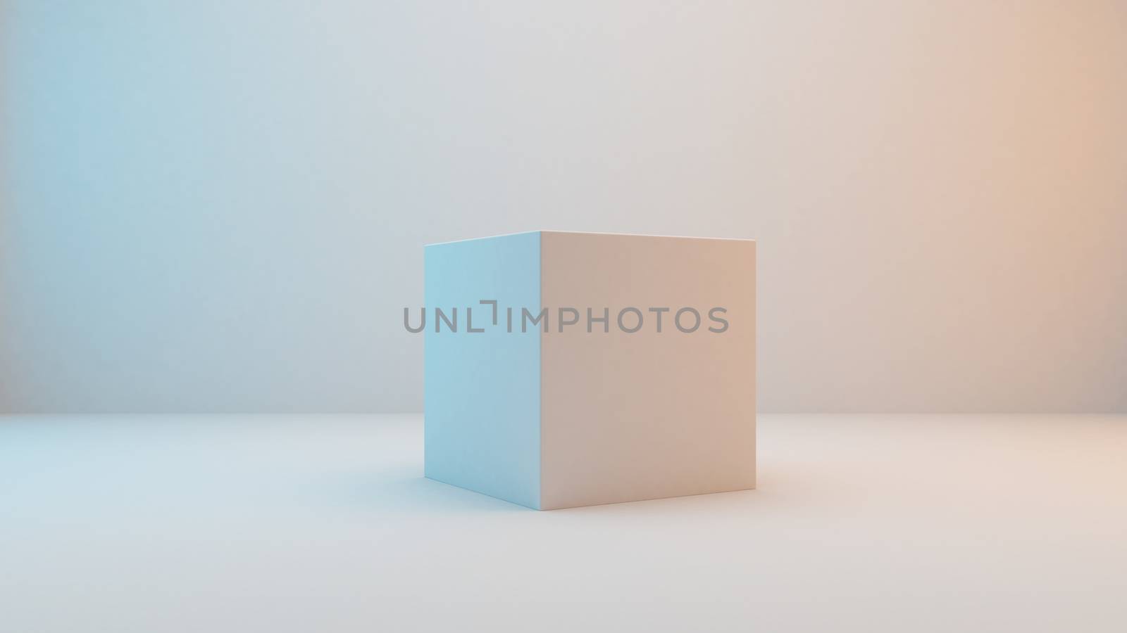 Milky white cube isolated on white background with slightly blue and orange lighting .