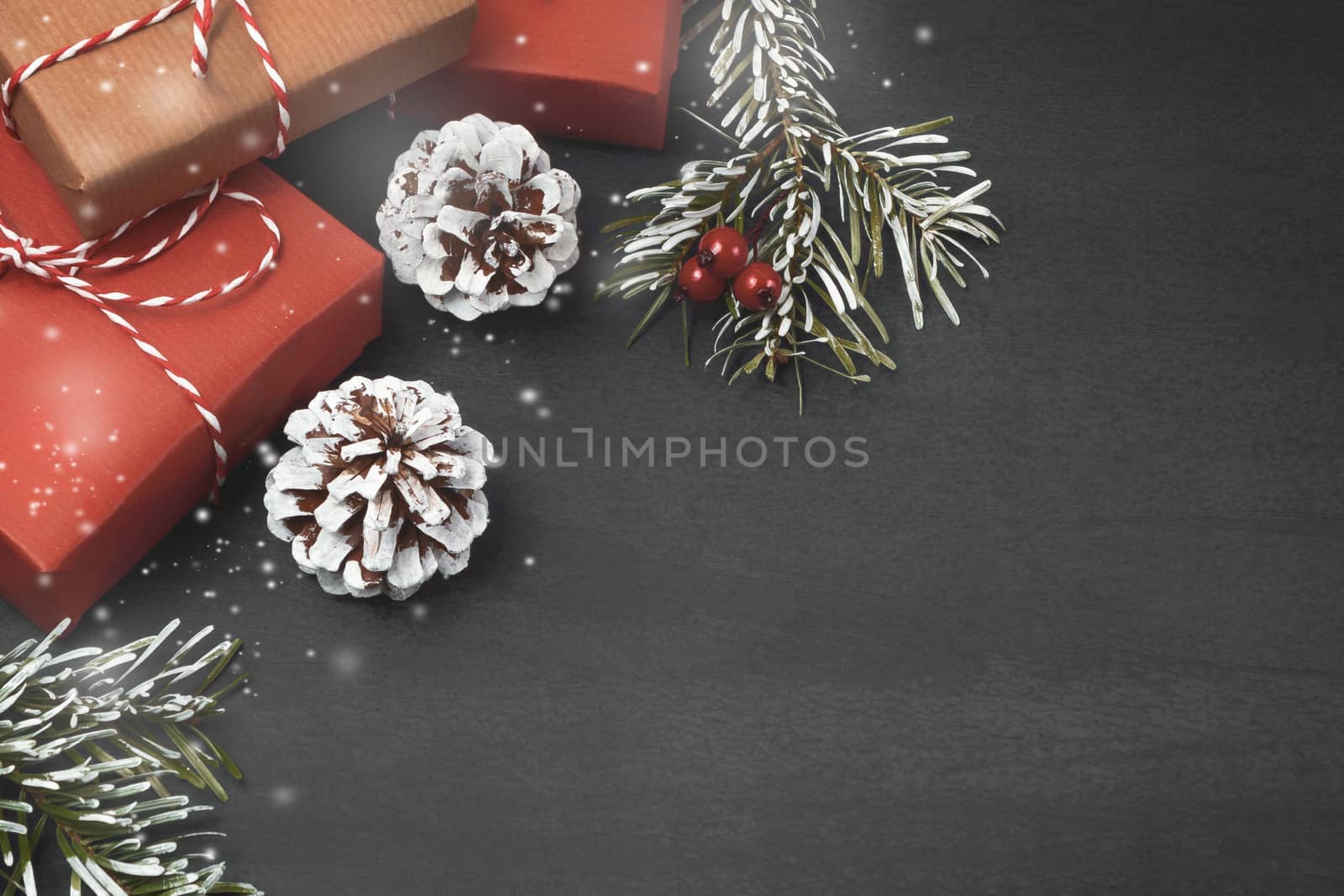 Christmas composition, blank for design - gifts and decorations on a textured background, copy space, place for text by galsand