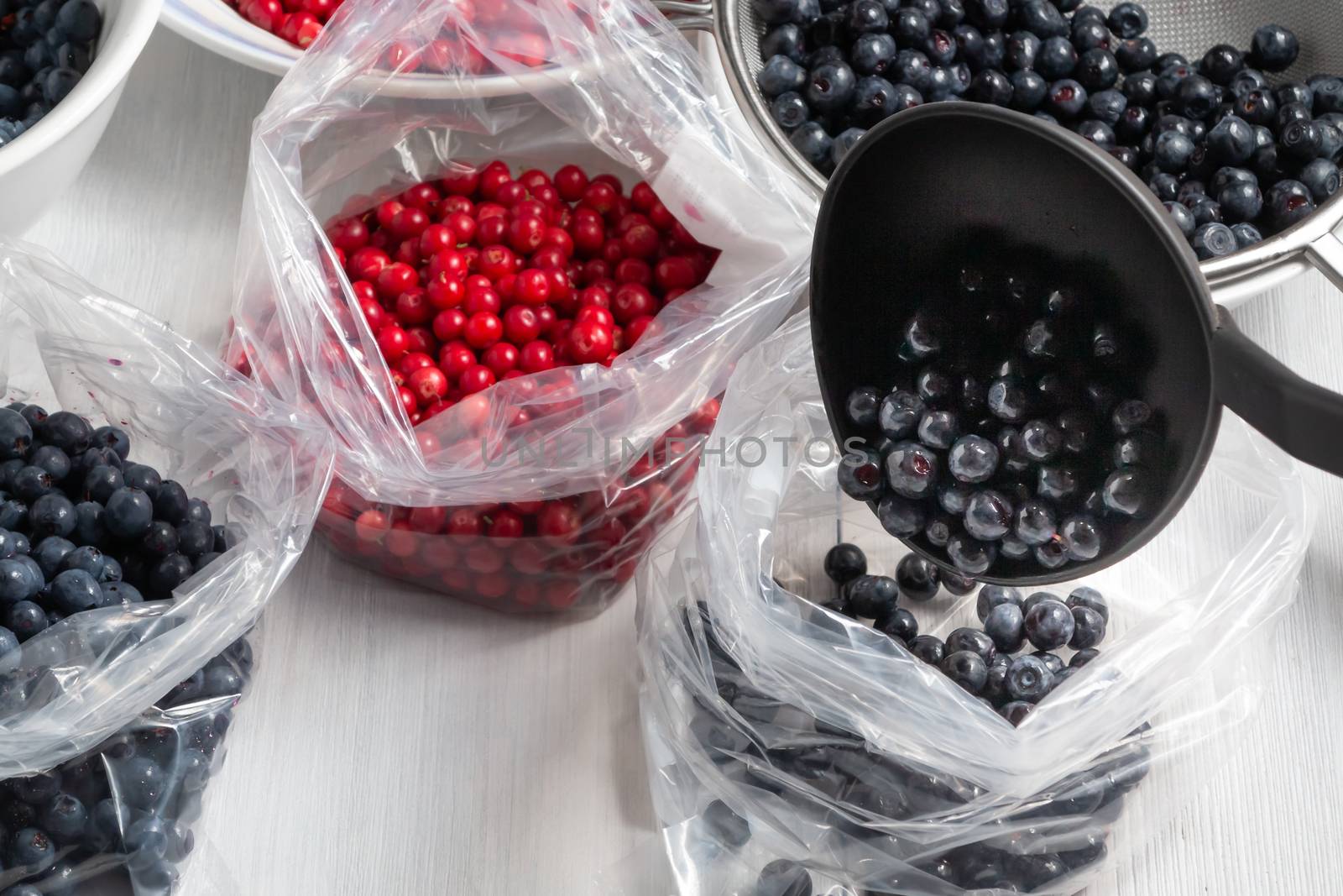 Process of preparing berries for freezing - folding into packages.