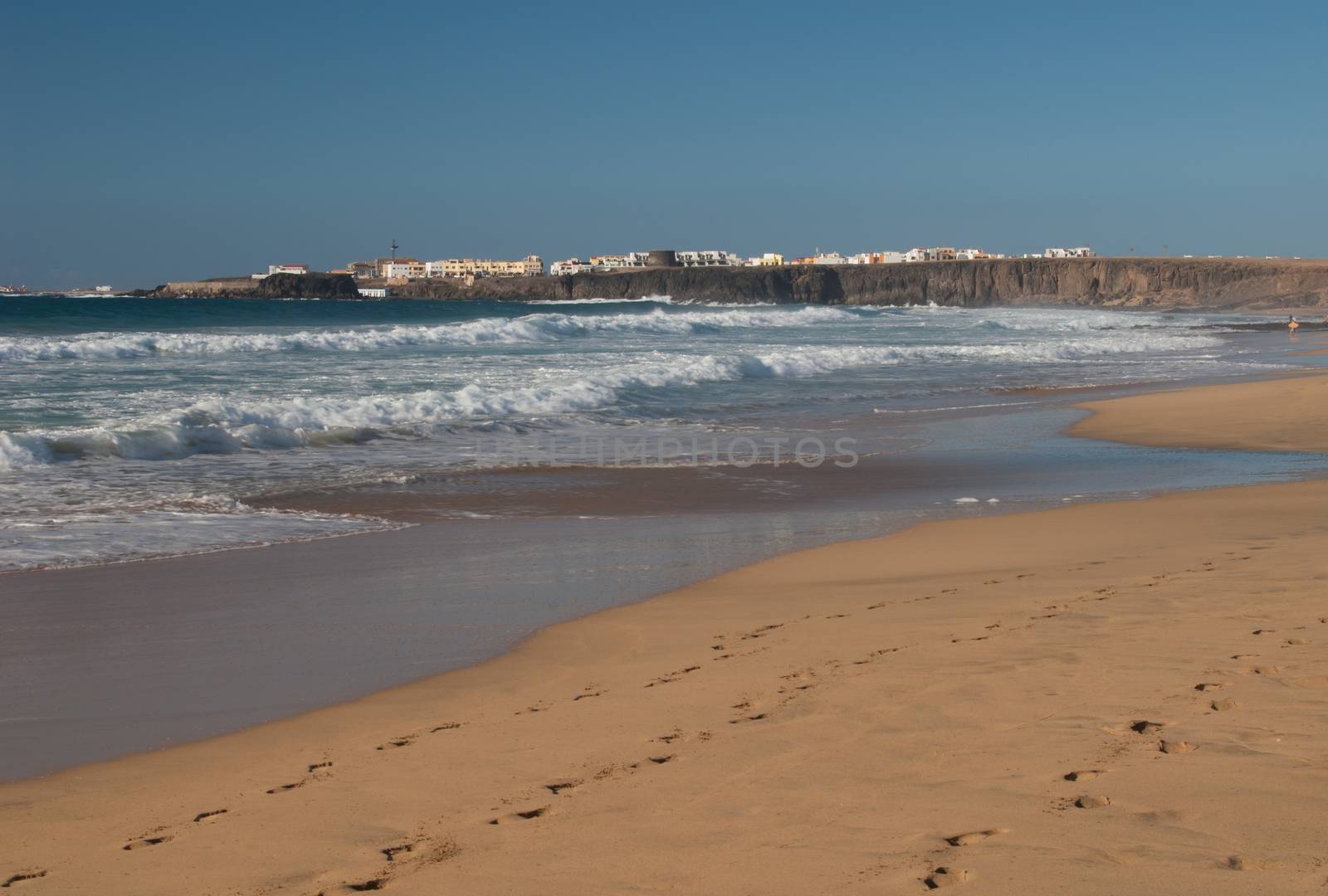 Beach and town of El Cotillo. La Oliva. Fuerteventura. Canary Islands. Spain.