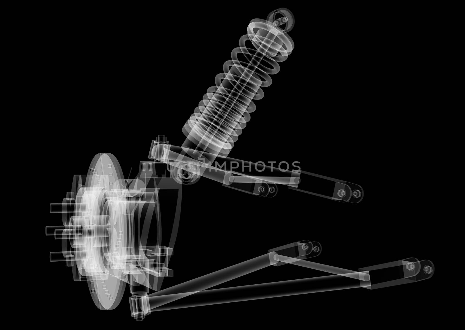 X-ray Car suspension and brake disk on black background, 3d illustration