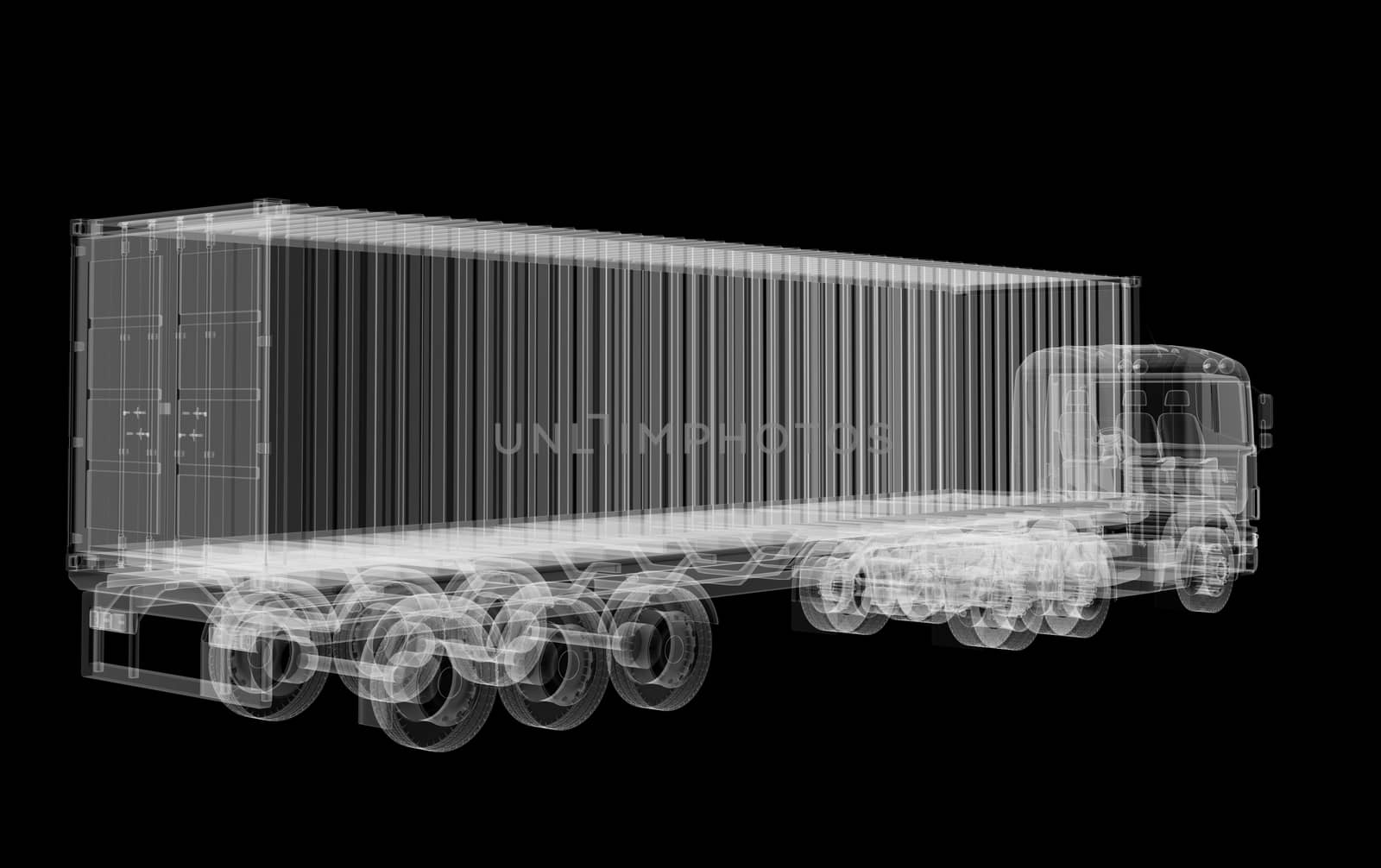 X-ray of heavy truck with semi-trailer on black background. 3D illustration