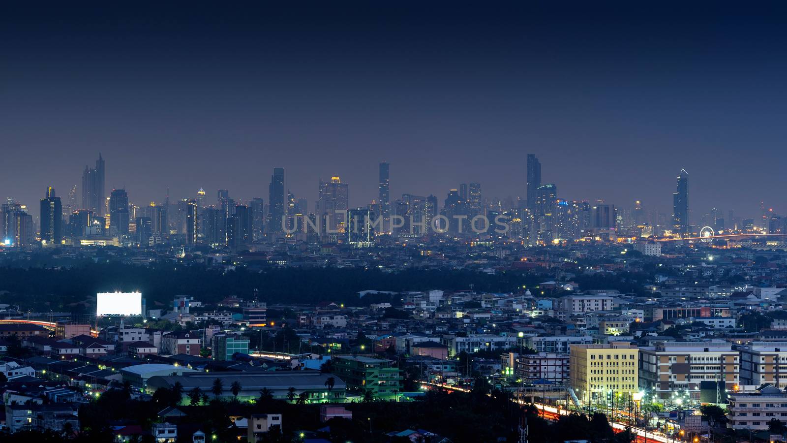 Cityscape at night in Bangkok, Thailand.