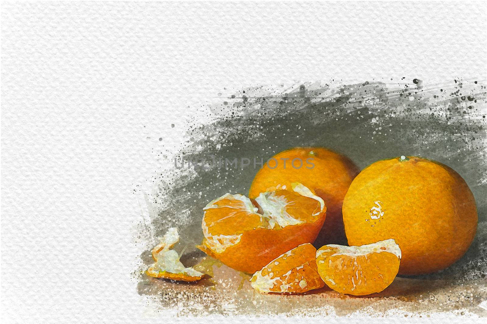 Three orange on wooden table. Digital watercolor painting effect by SaitanSainam