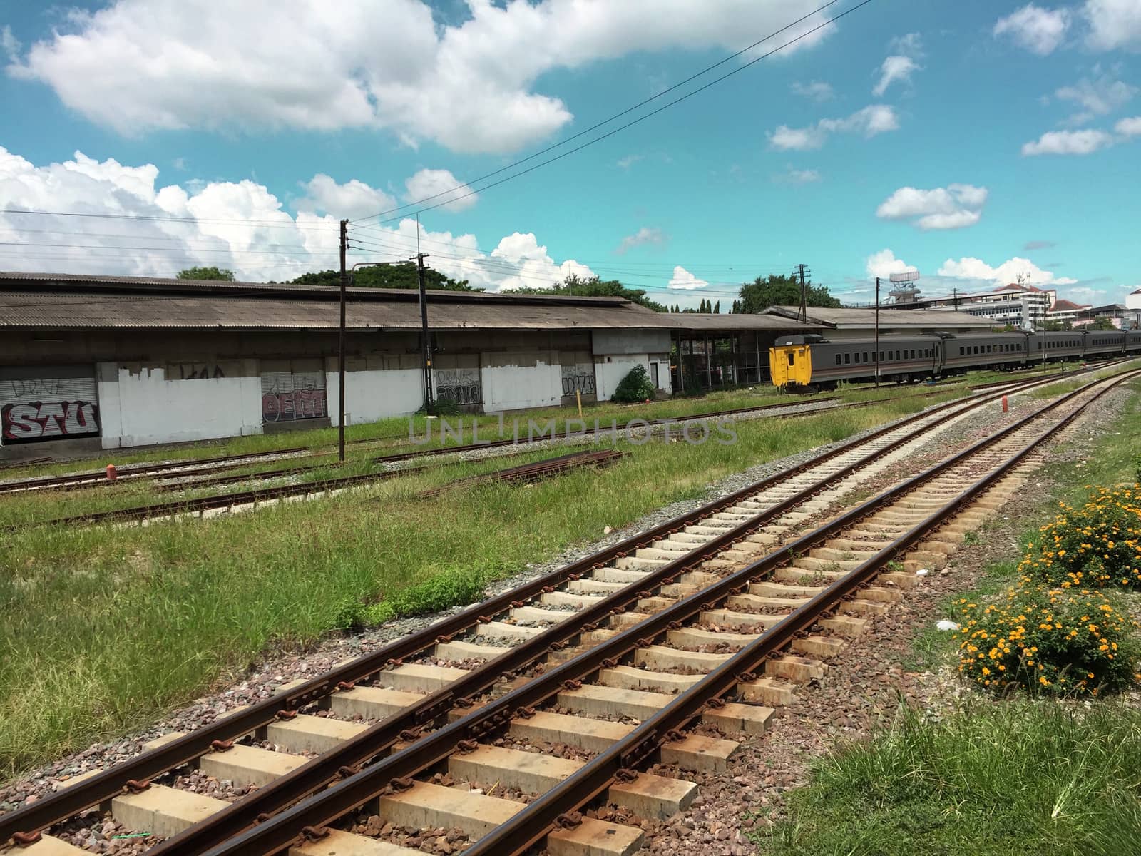 Railway tracks in a rural scene , Thai train travel routes