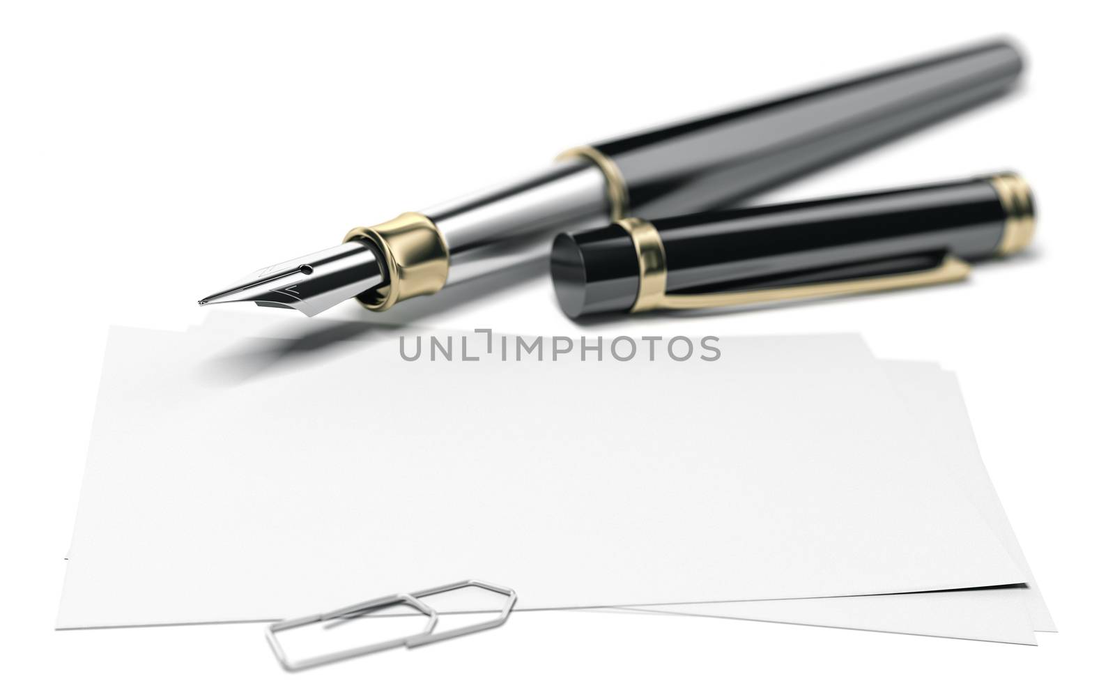 3D illustration of a fountain pen and a blank business card for communication over white background. Perspective view and blur effect on the pencil.