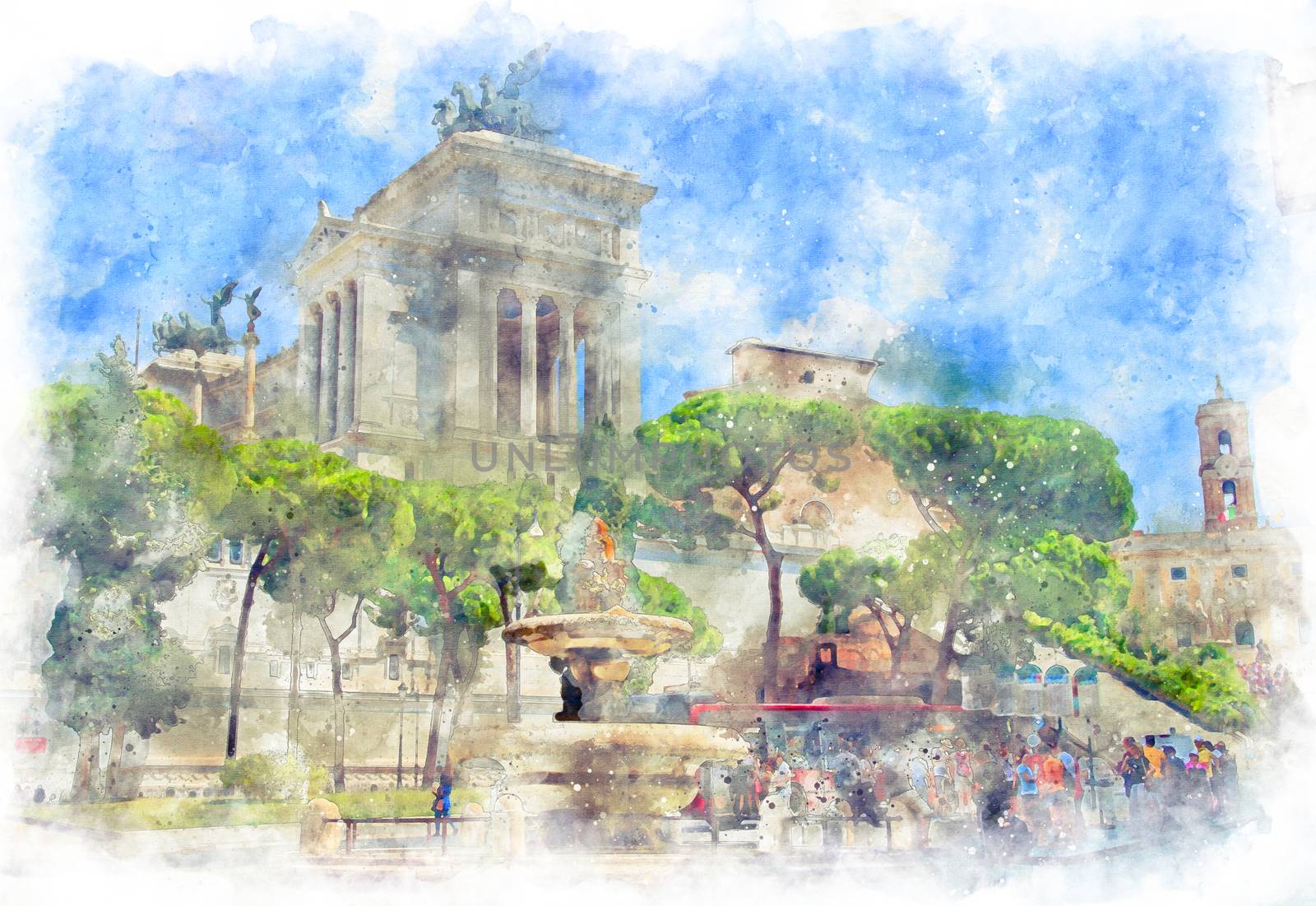Digital illustration in watercolor style of Piazza d'Aracoeli, view on Altar of the Fatherland, Rome, Italy