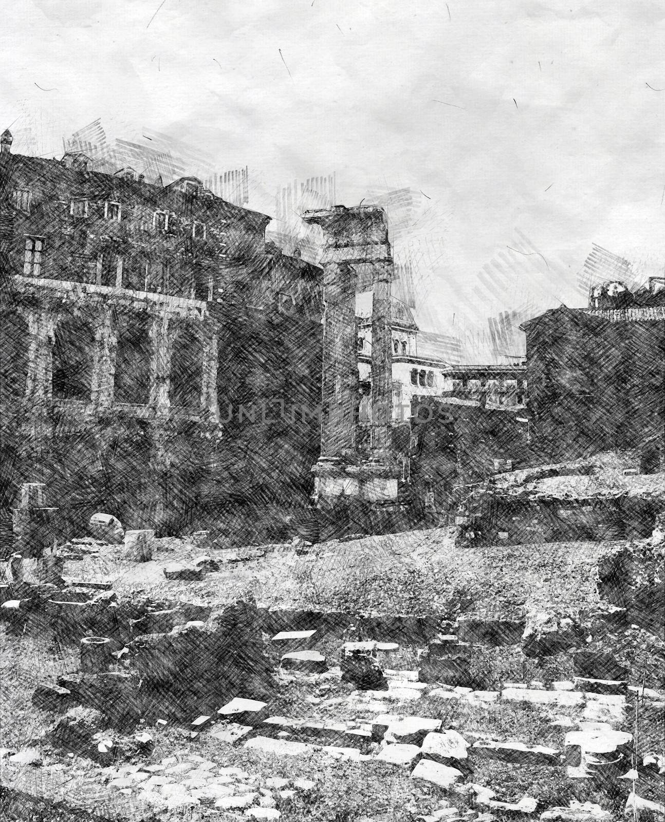 Digital illustration in pencil sketch style of Marcello Theater and Temple of Apollo Medicus Sosianus, view from Via del Teatro di Marcello, Rome, Italy