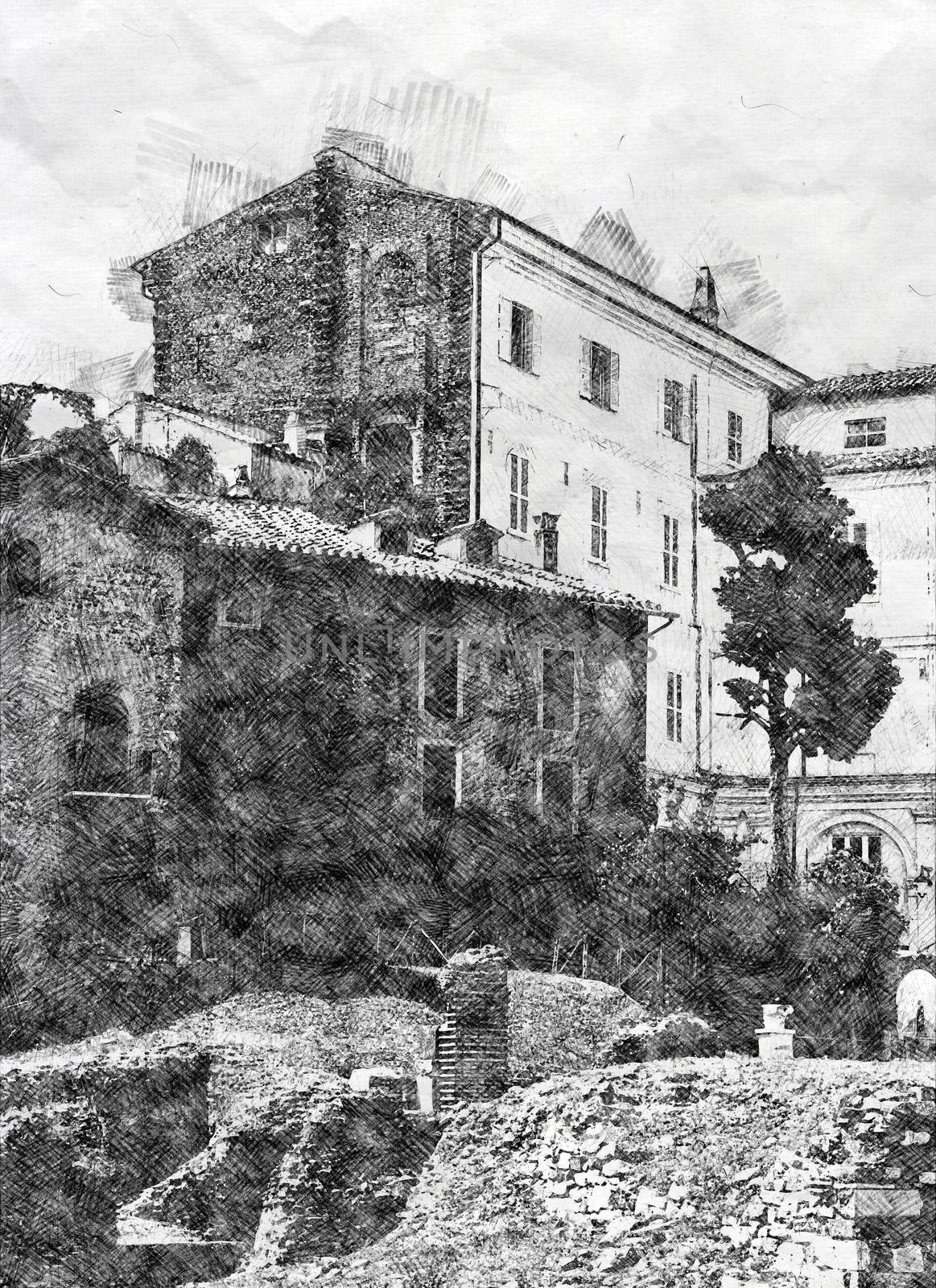 Digital illustration in pencil sketch style of Santa Rita da Cascia in Campitelli, view from Via del Foro Piscario, Rome, Italy