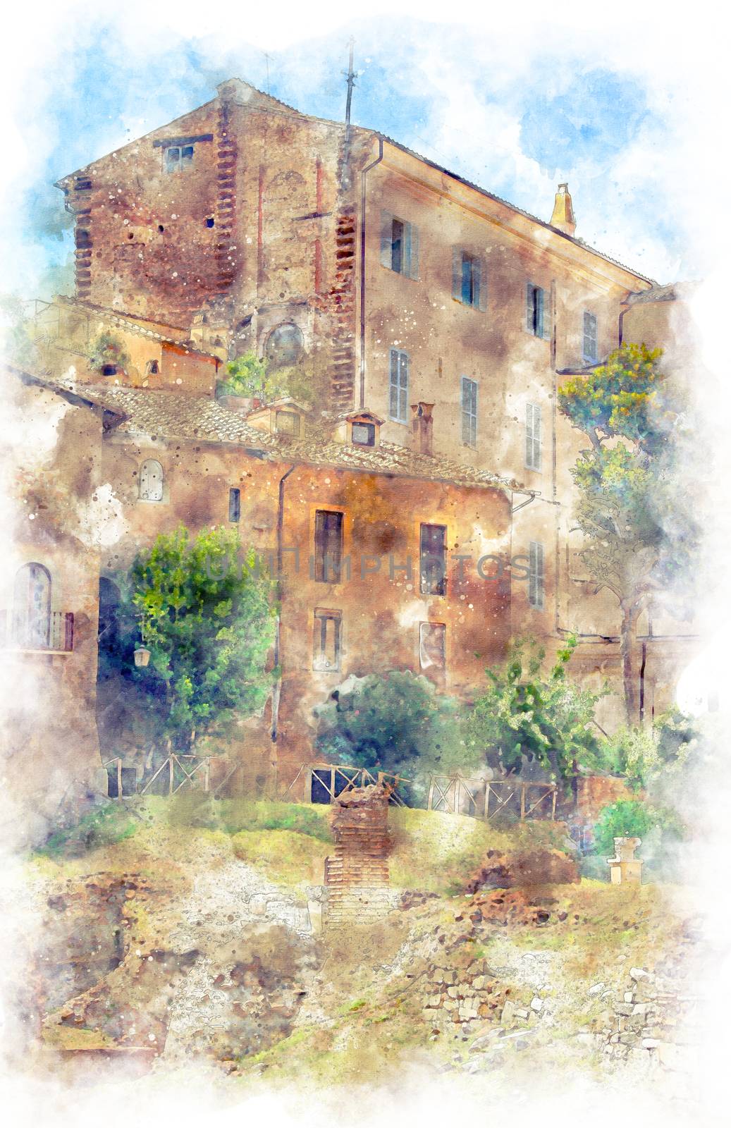 Digital illustration in watercolor style of Santa Rita da Cascia in Campitelli, view from Via del Foro Piscario, Rome, Italy