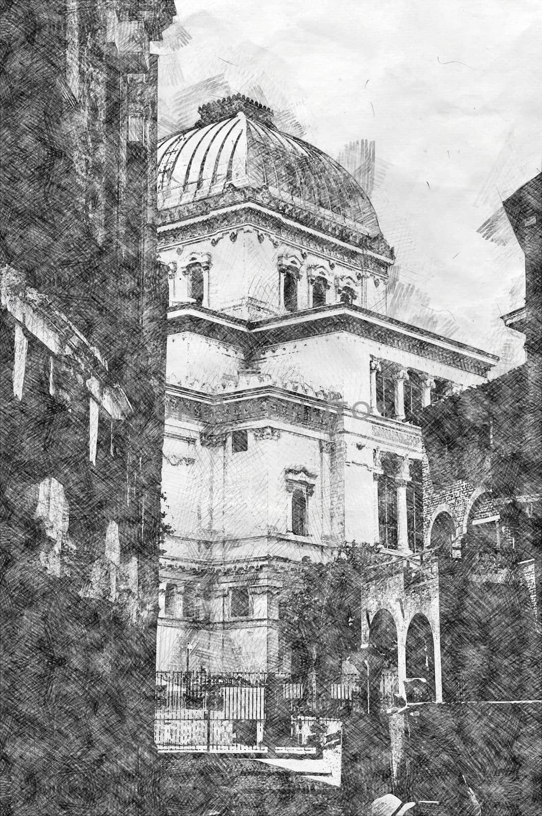 Digital illustration in pencil sketch style of Tempio Maggiore di Roma, view from Casina of Vallati, Rome, Italy