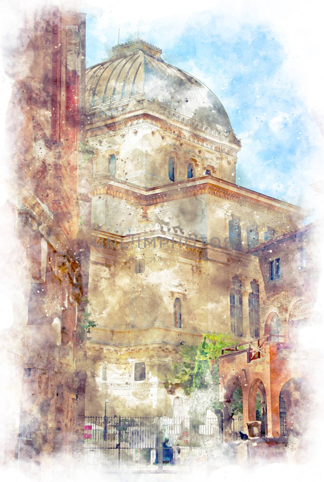 Digital illustration in watercolor style of Tempio Maggiore di Roma, view from Casina of Vallati, Rome, Italy