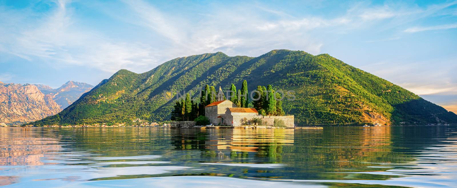 Beautiful mediterranean landscape. St. George Island near town Perast, Kotor bay, Montenegro