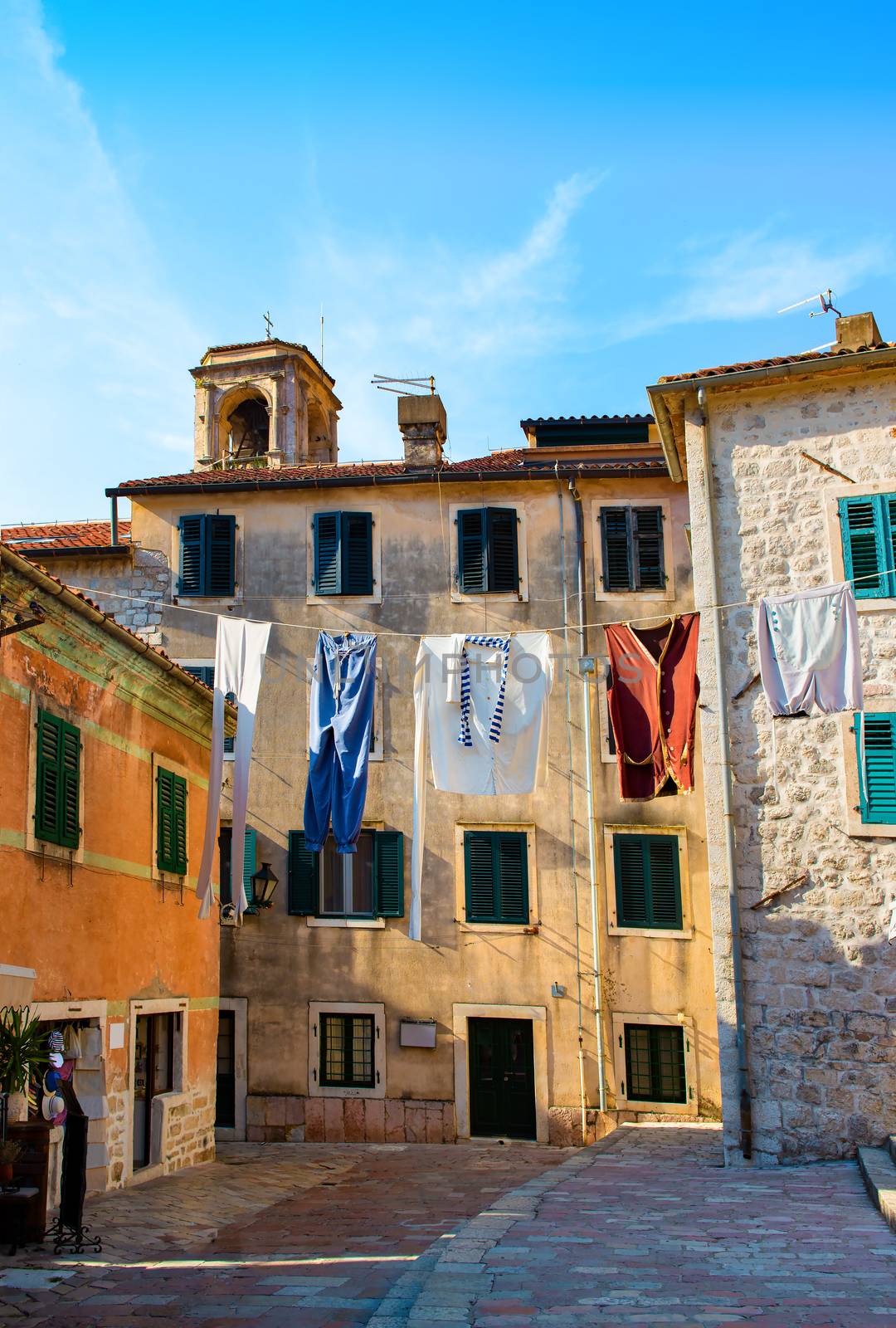 Hanging clothes hung in the old town of Kotor. Montenegro
