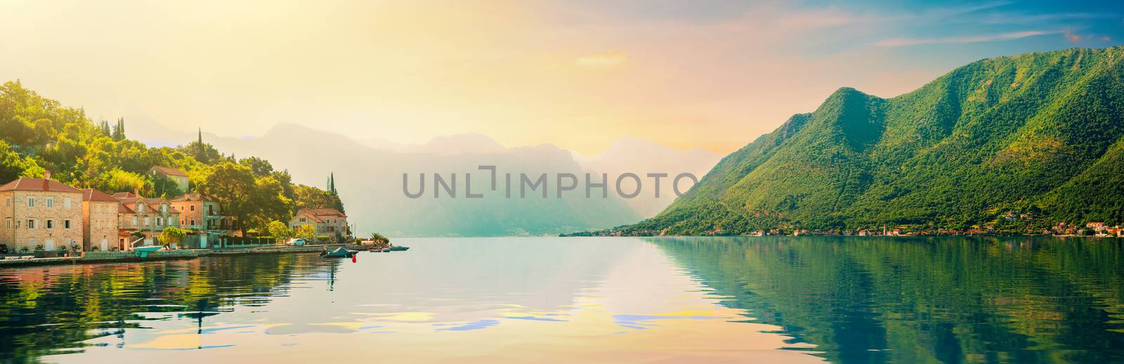 View Lovcen mountain from Bay of Kotor and Perast town. 