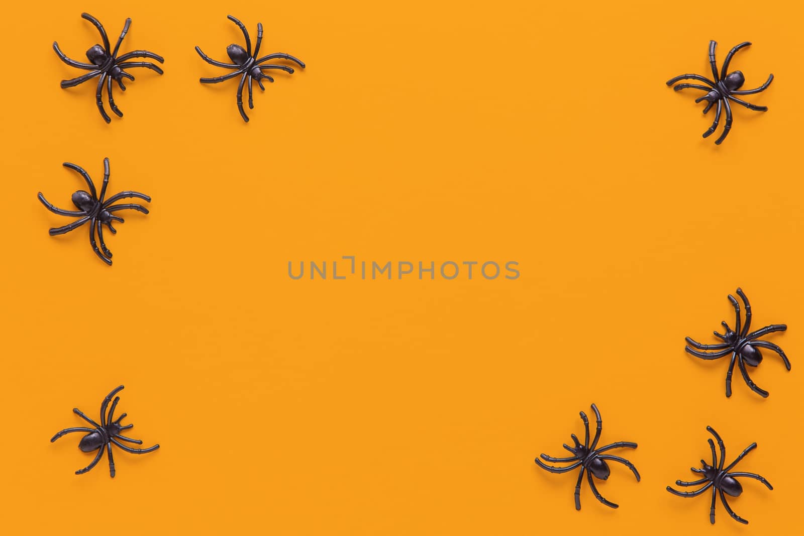 Halloween holiday flat lay. Black spiders on orange background with copy space. Minimal style. Horizontal. Trick-or-treat concept by ALLUNEED