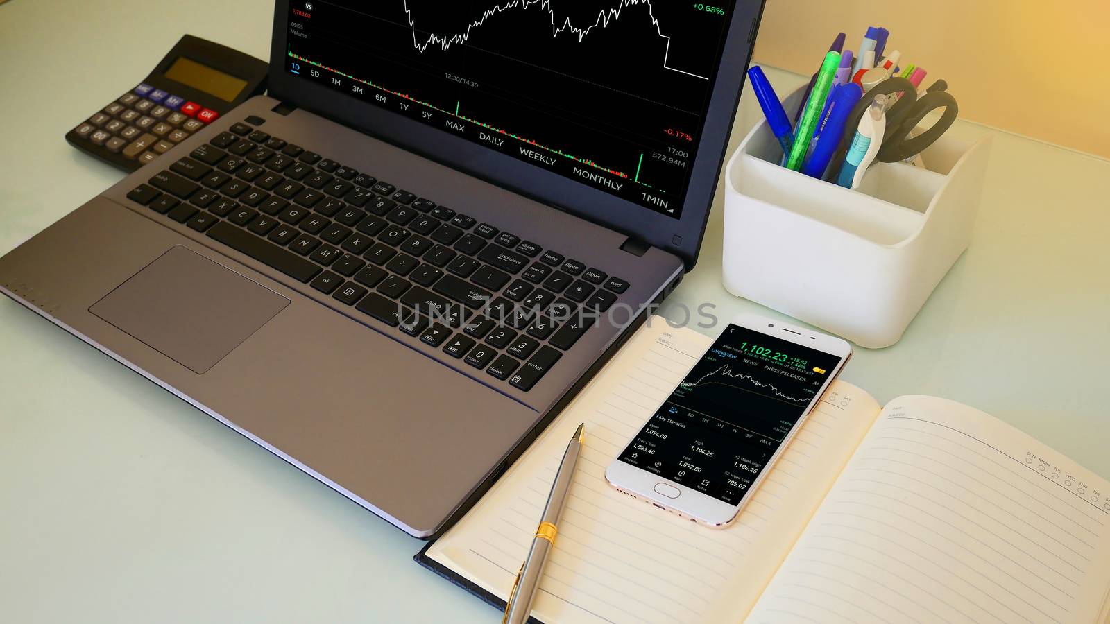 business people working with stock trading forex with technical indicator tool on mobile and laptop