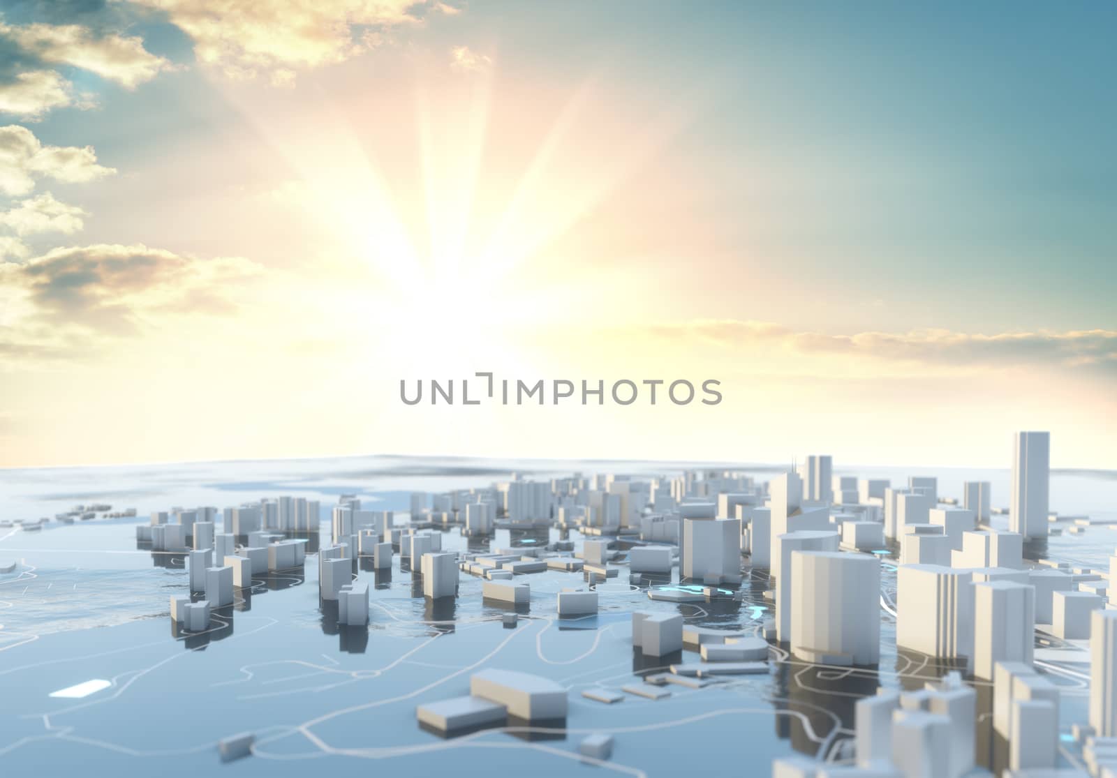 3D illustration. Futuristic City in sunny day. Sky background