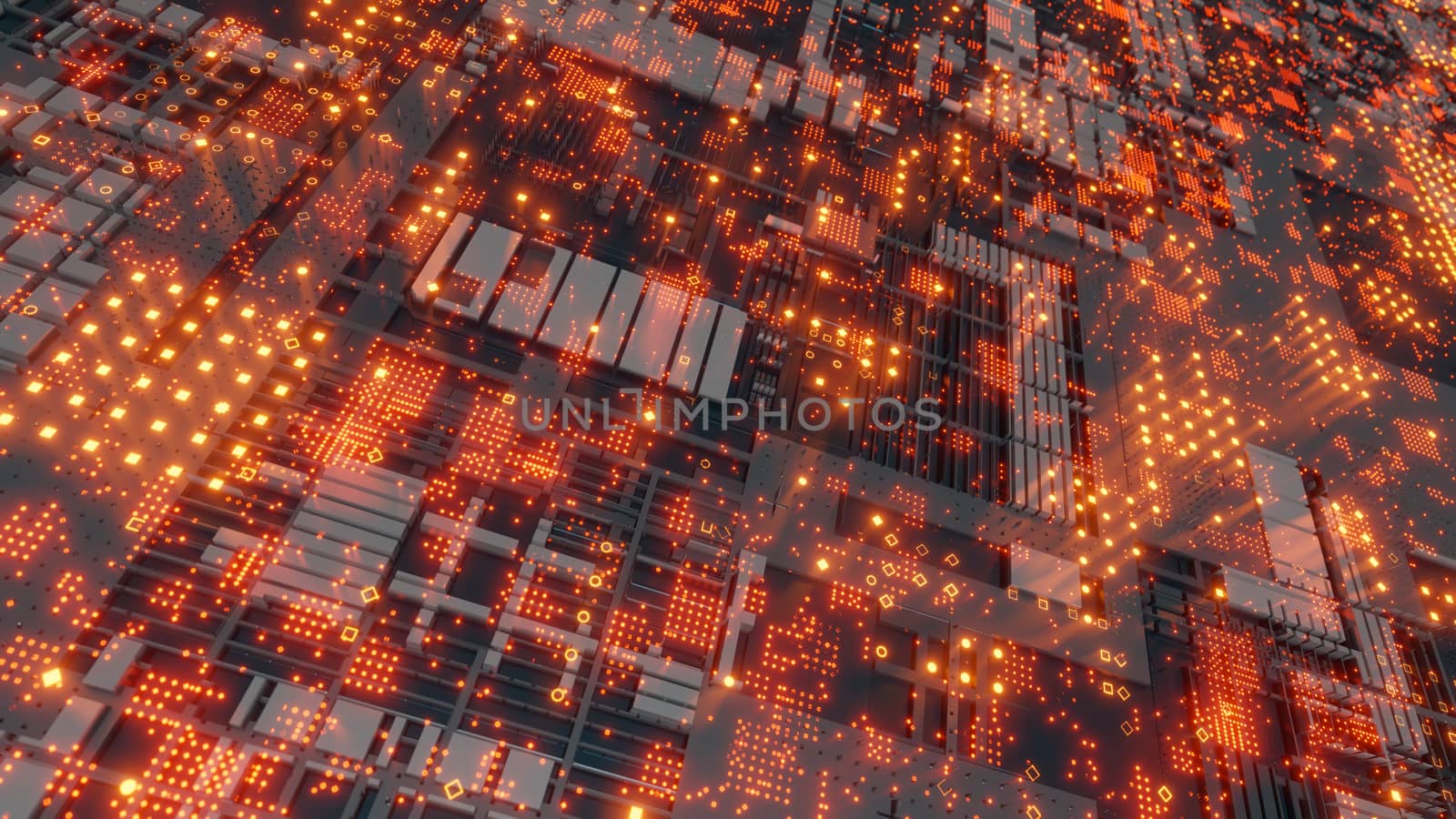 Abstract futuristic design. Tech wall with red bright elements. DOF effect. 3D illustration