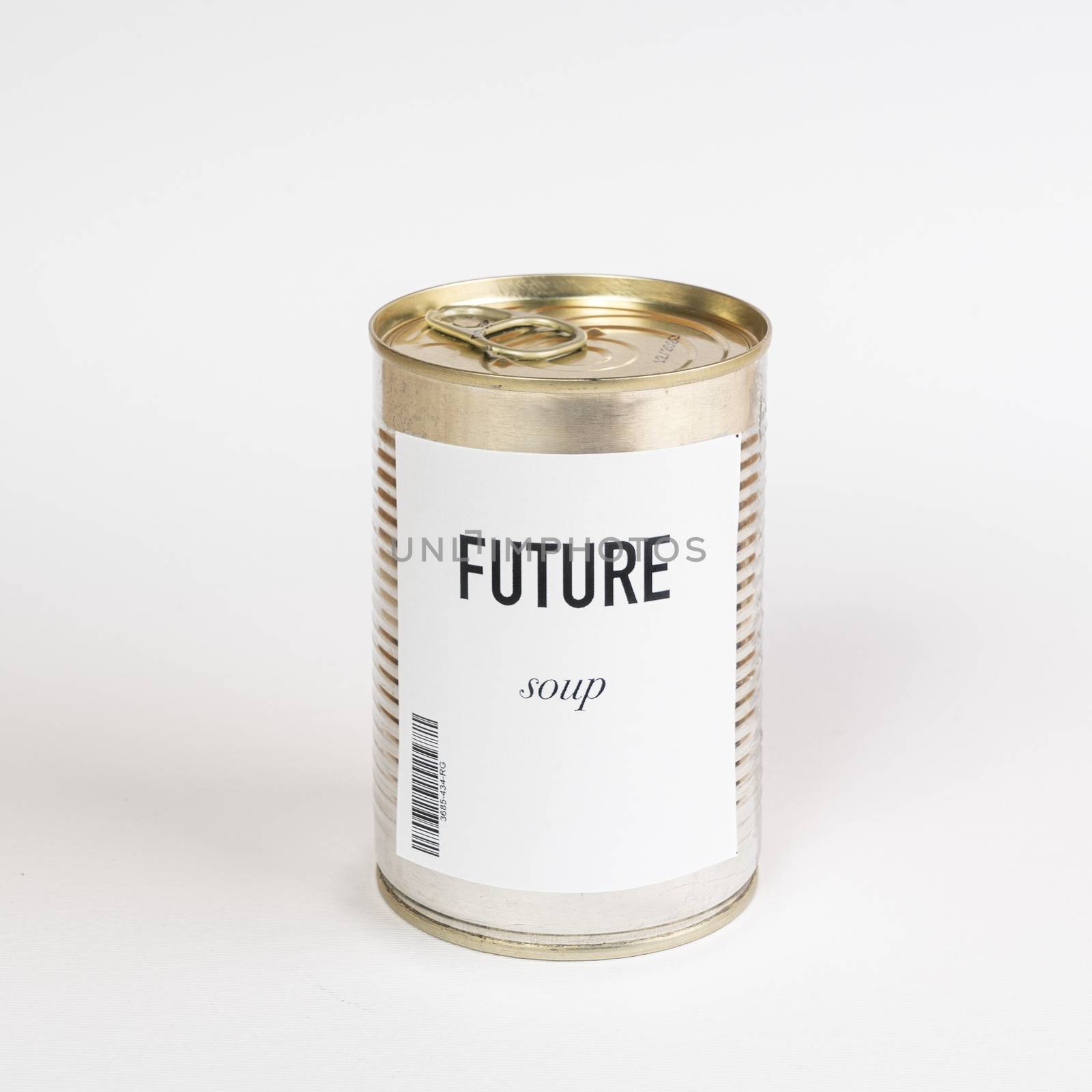 a jar containing future soup on a white surface