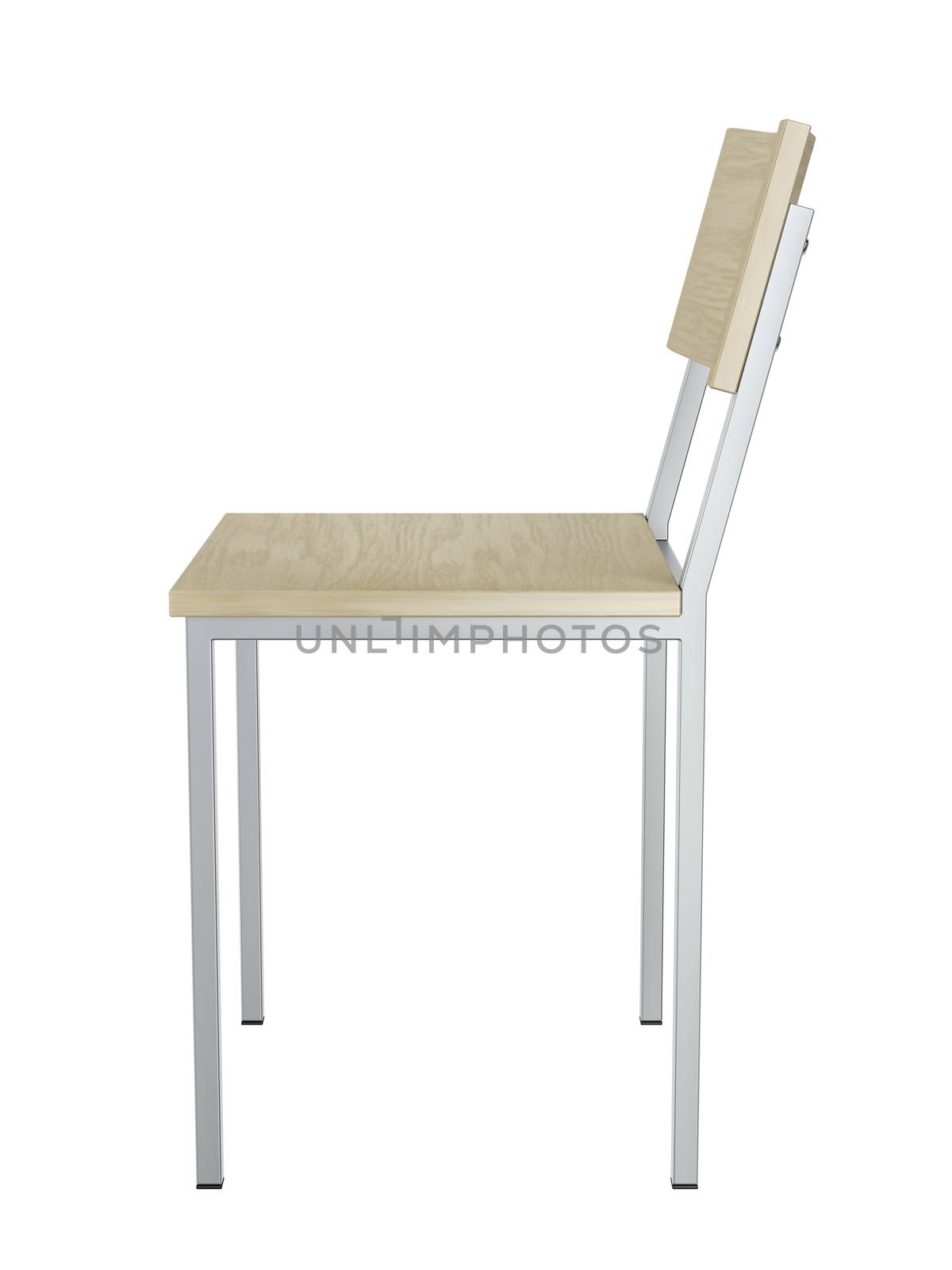 Side view of modern chair made from wood and metal, isolated on white background