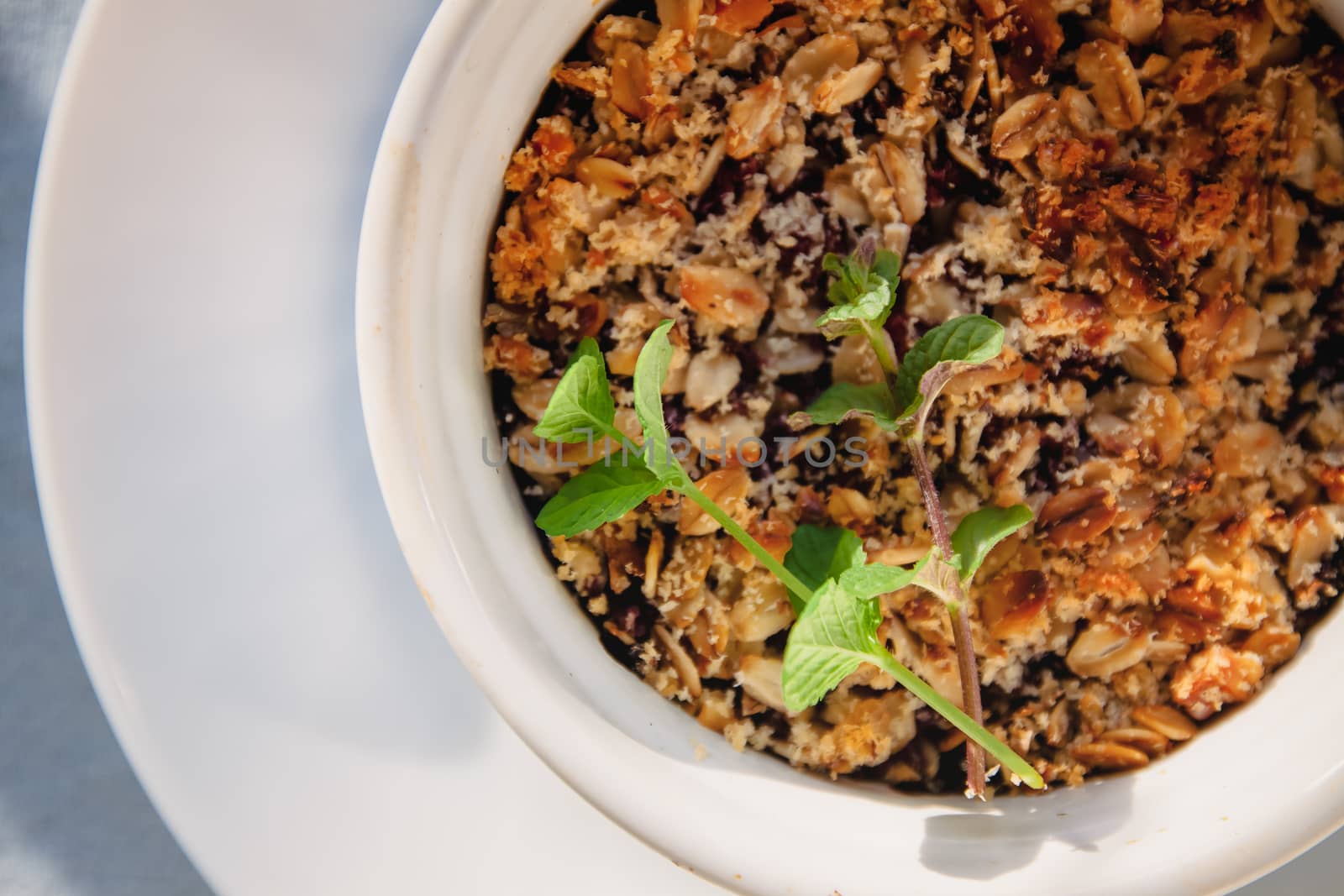 baked oat-blueberry crumble with mint in a white and blue plate on a rustic linen tablecloth. Save the space, top view. The concept of healthy proper nutrition for breakfast, vegetarianism