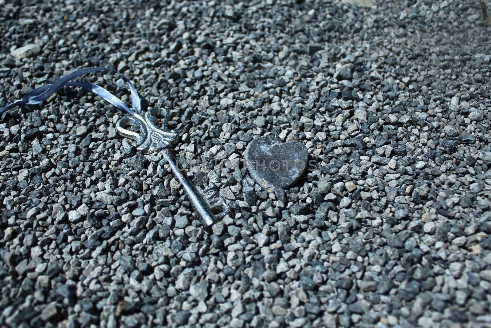 The picture shows a key and a heart of stone.