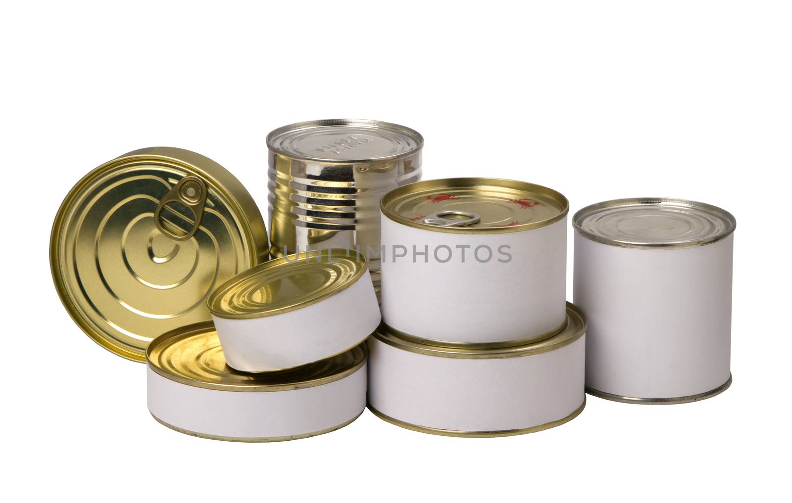  group of food tin cans with empty white label on a white background