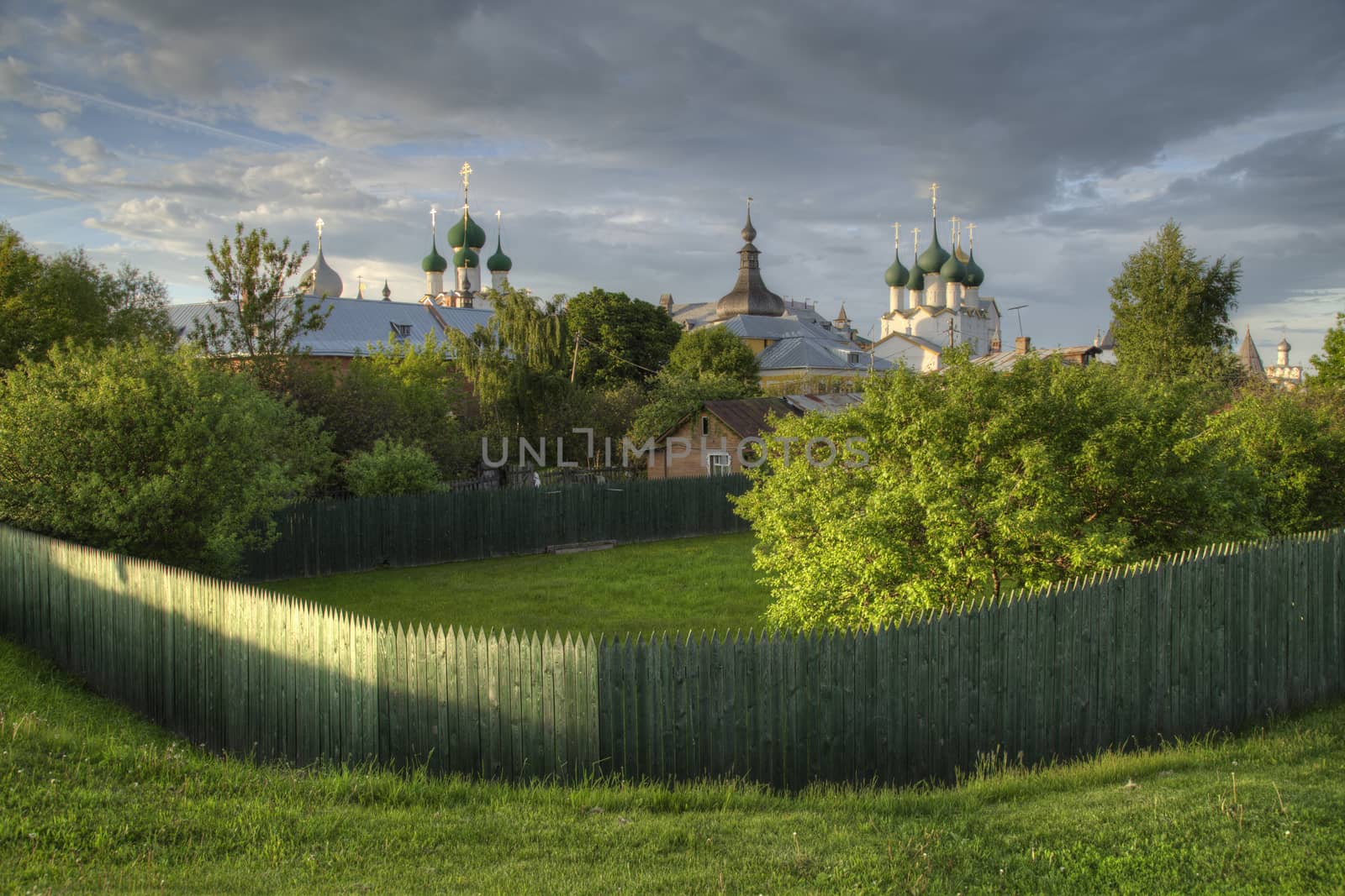 Rostov the Great, Russia. View on old Kremlin and old wooden houses.