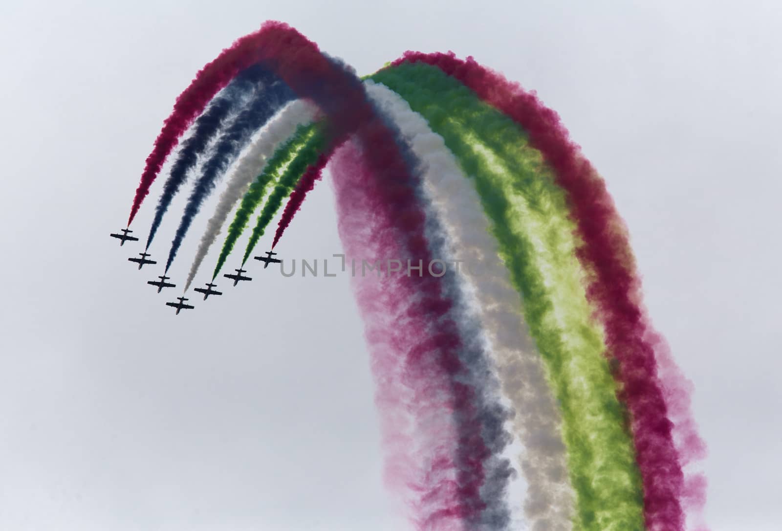 Aerobatic team making loopings in the air. Russia, Moscow Airshow in July 2017