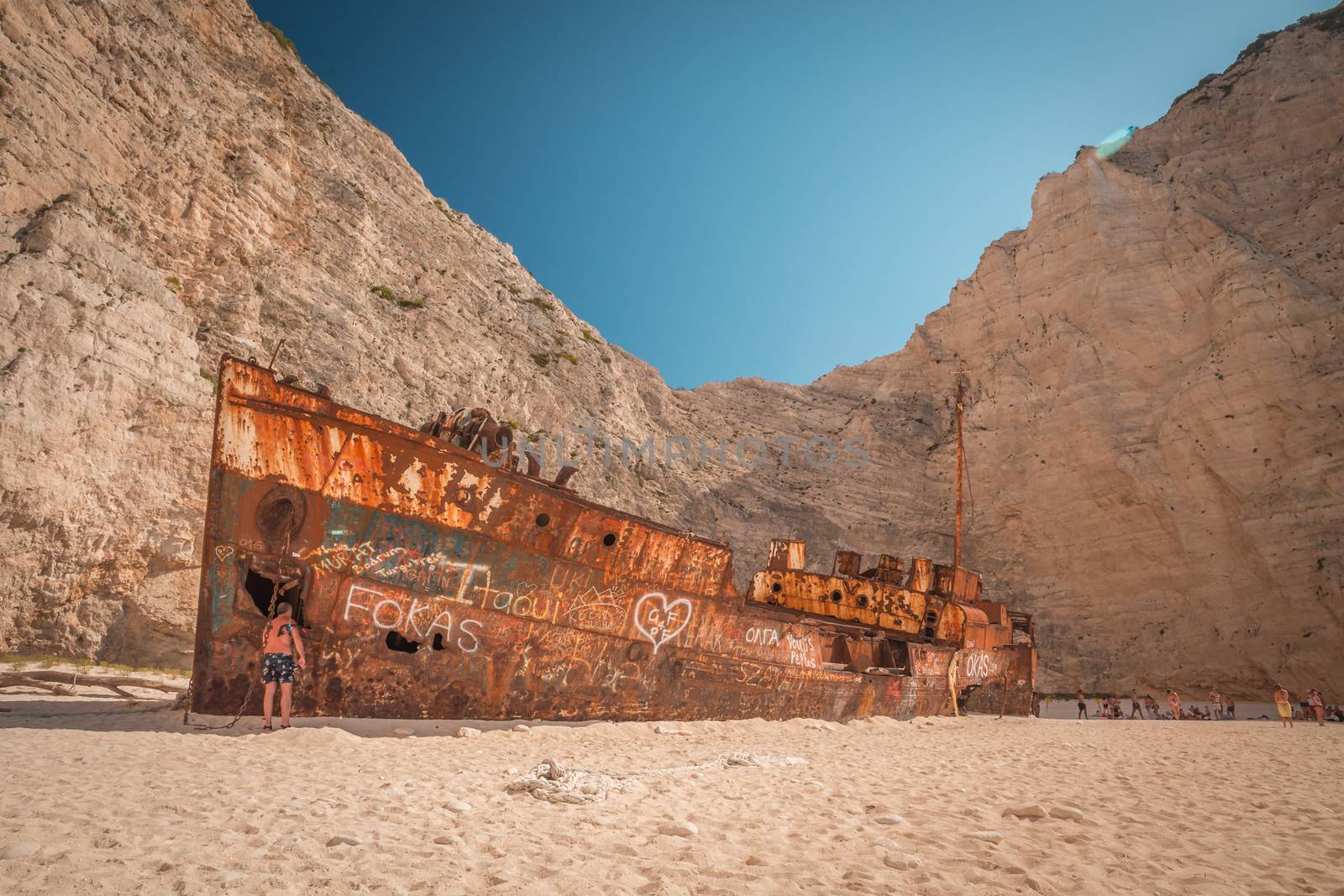 Close up of Ship Wreck beach at the Navagio beach. The most famous natural landmark of Zakynthos, Greek island.