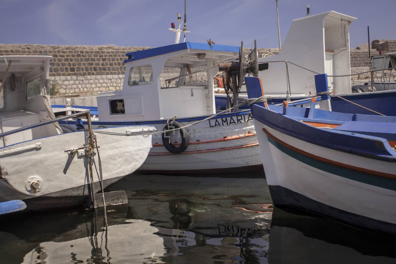 Moored fishing boats in Bagnera Port, Sicily