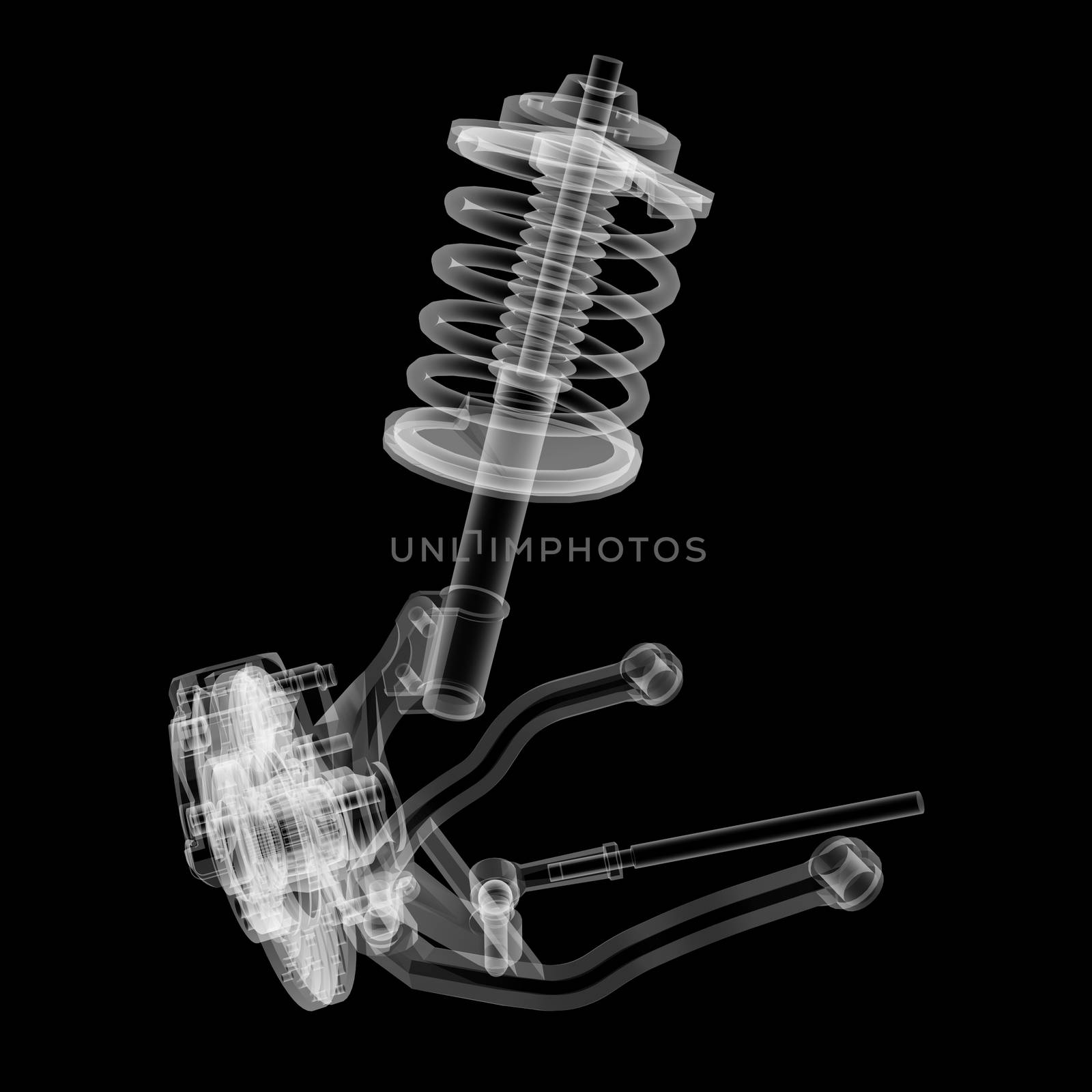 X-ray Car suspension and brake disk on black background, 3d illustration