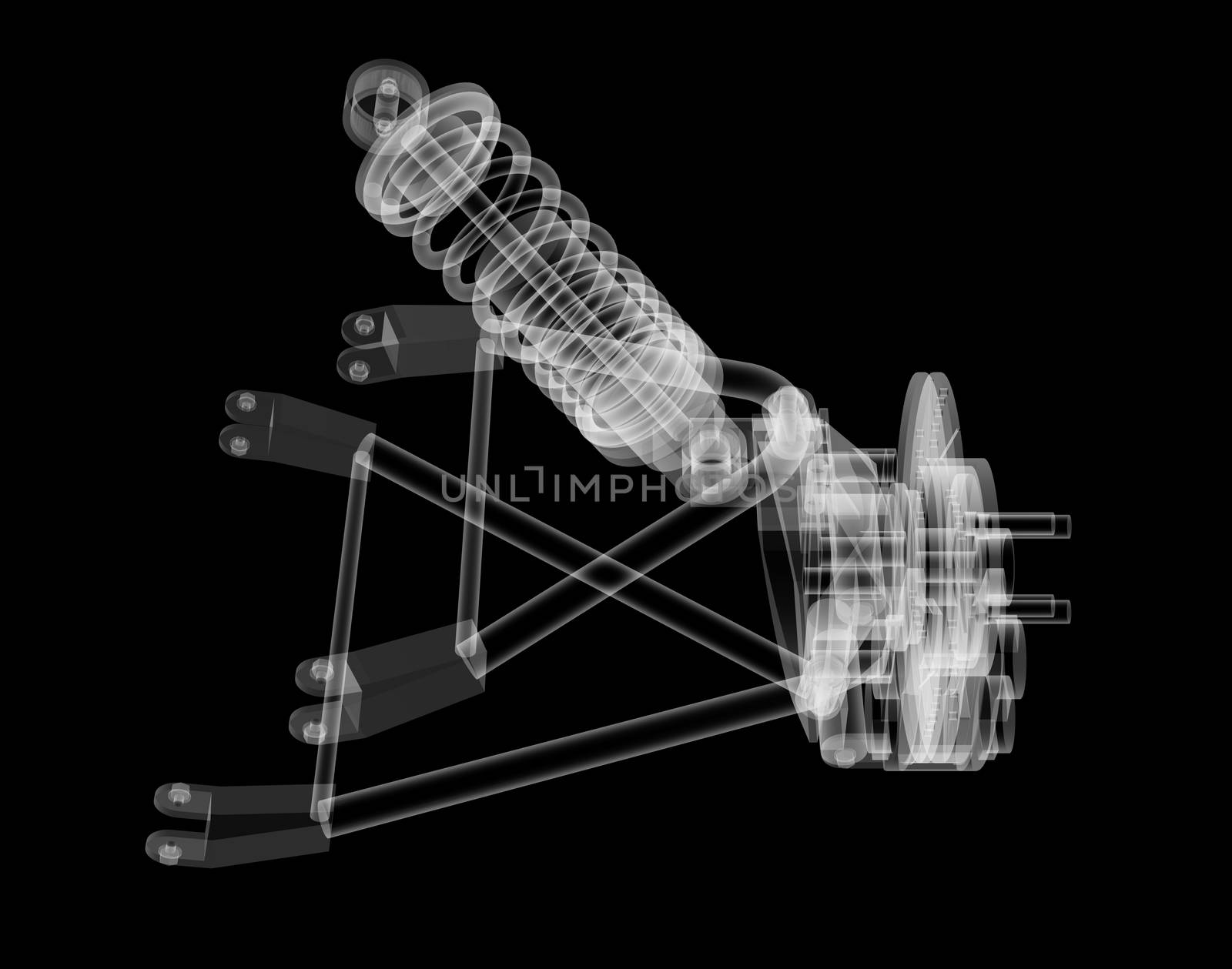 X-ray Car suspension and brake disk on black background, 3d illustration