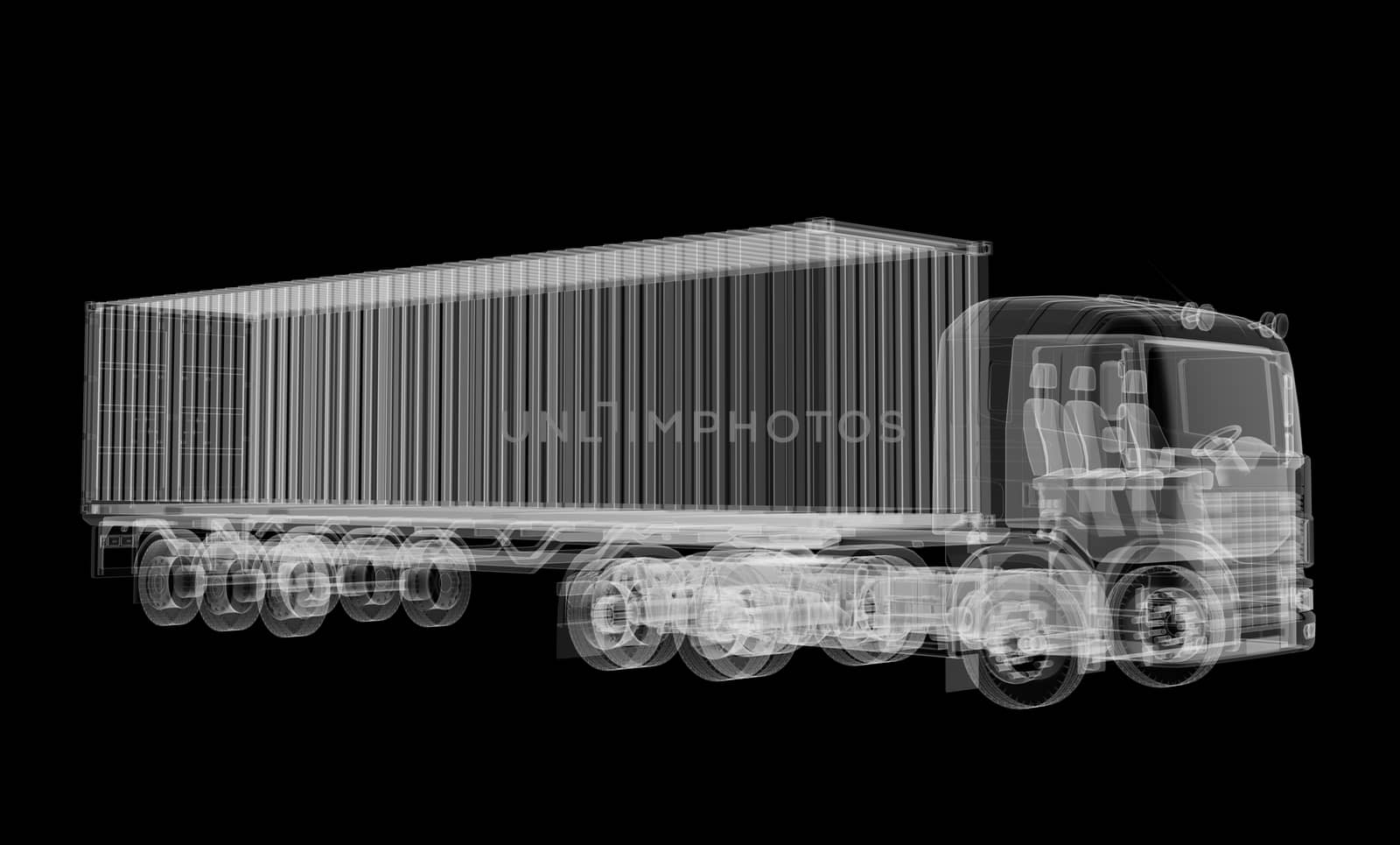 X-ray of heavy truck with semi-trailer on black background by cherezoff