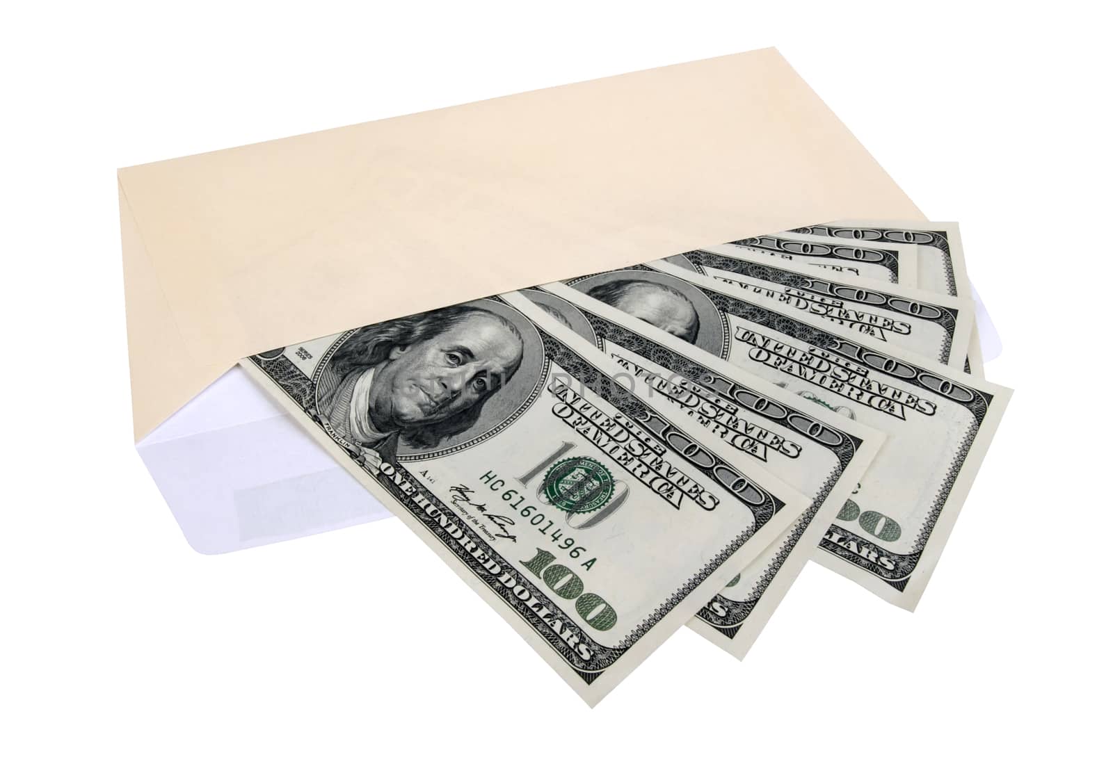 hundred dollar bills in an envelope, isolated on white background