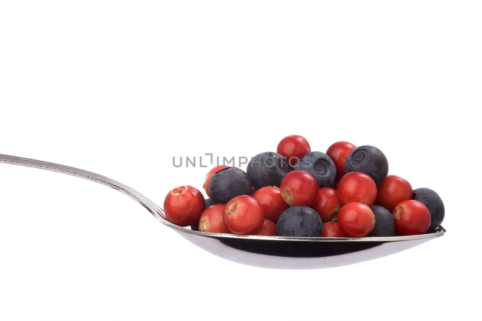  full spoon of blueberries and cranberries isolated on white background