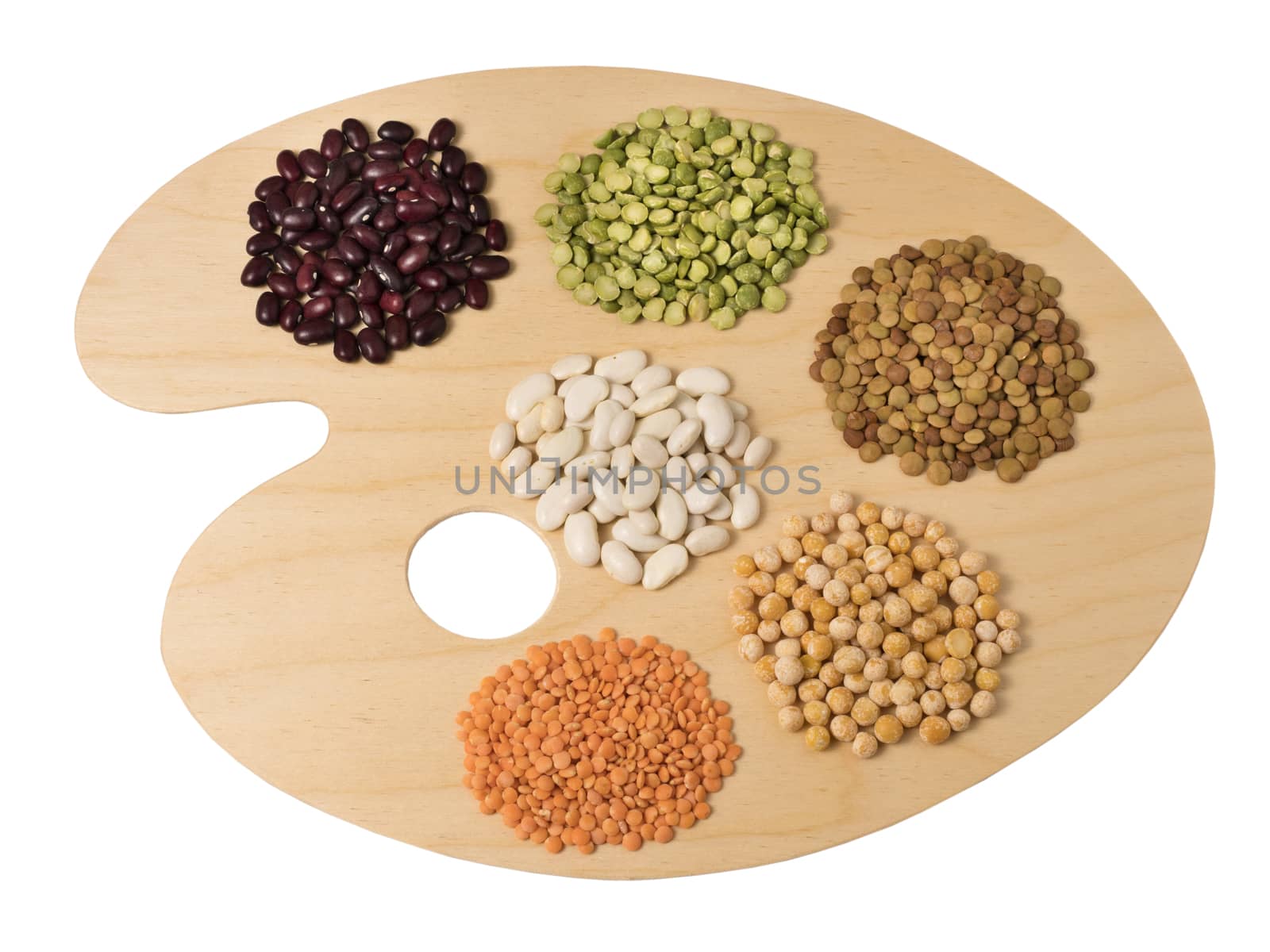 Collection set of various dried kidney legumes beans, soybeans, lentils, chickpeas close up on wooden art palette.