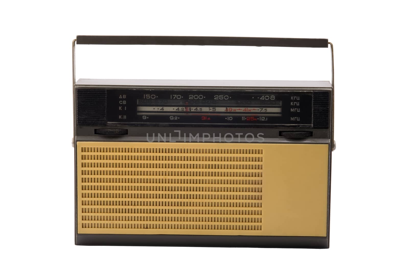 Old-fashioned transistor radio receiver, isolated on white background.