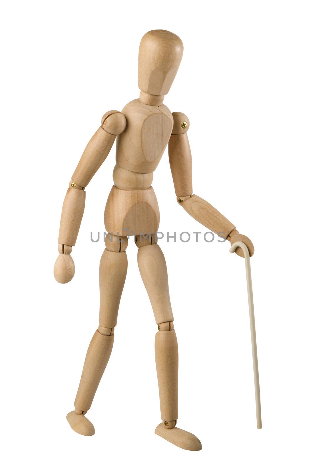 wooden toy man symbolism of blind man, walking with a white cane