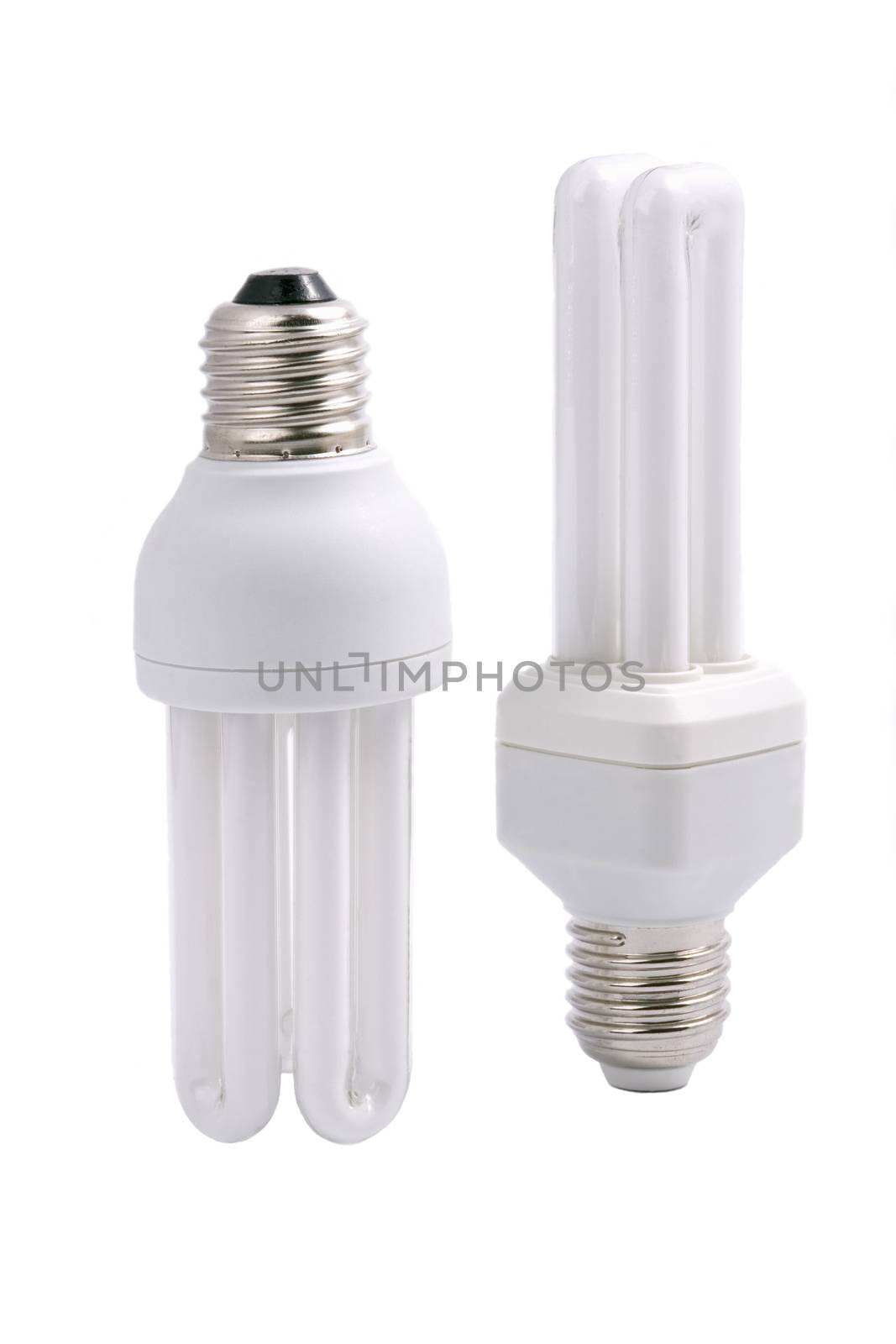 Two modern energy saving light bulbs, isolated on white background.