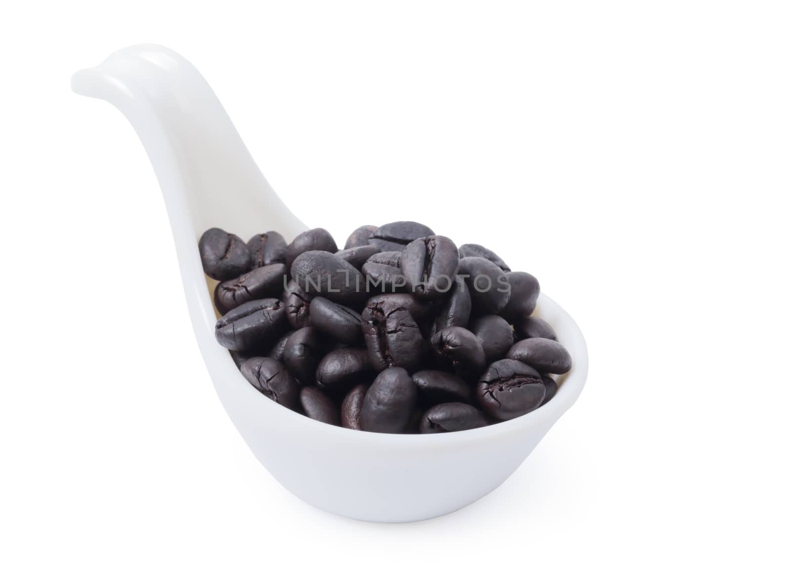 Isolated of coffee beans in ceramic spoon over white background, clipping path.